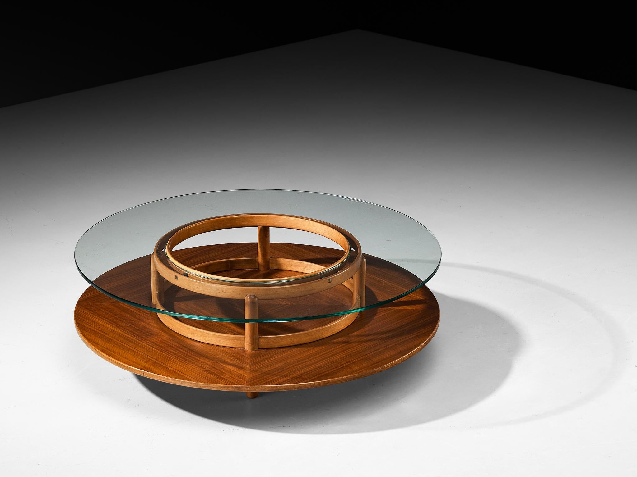 Gianfranco Frattini for Figli di Amedeo Cassina, coffee table, model '774', walnut, glass, brass, Italy, 1960s

Designed by Gianfranco Frattini for a sophisticated residential project in Milan, this design was later put into production by Cassina.