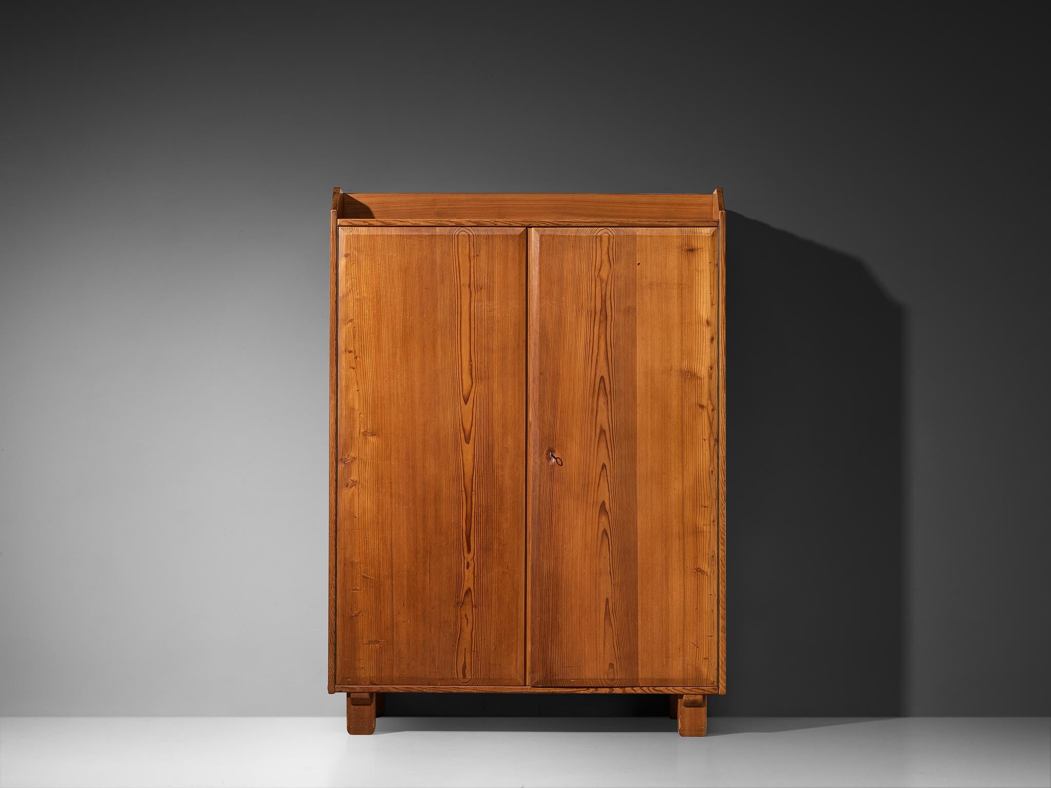 Mid-Century Modern French Cabinet in Pine and Brass Details For Sale
