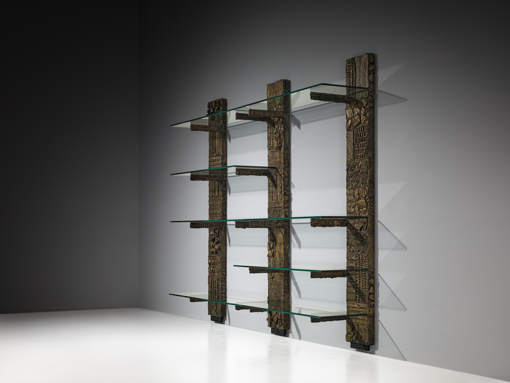 Late 20th Century Paul Evans for Directional 'PE 68' Wall Unit in Bronzed Resin and Glass For Sale