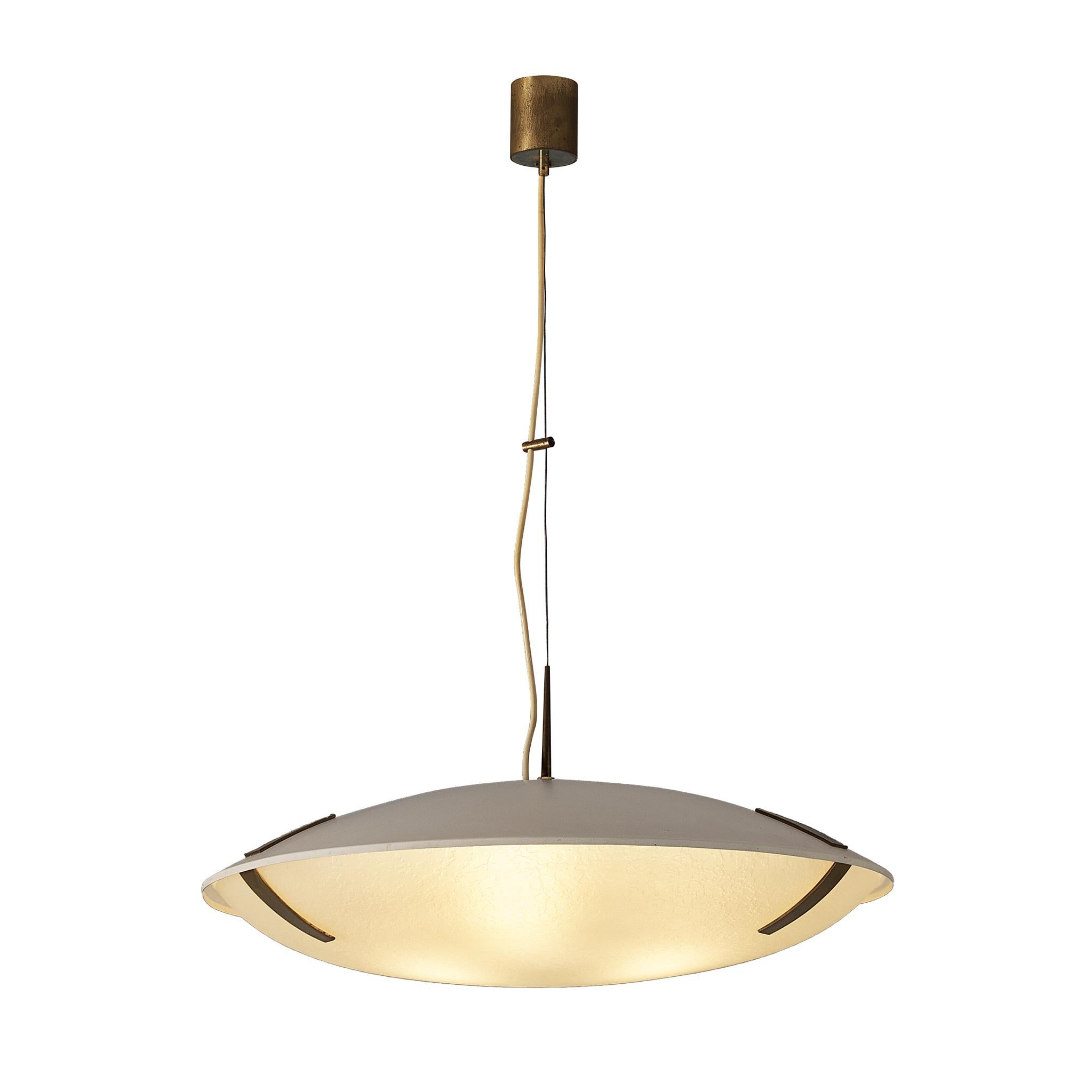 Pendente Stilnovo '1140' in alluminio, ottone e vetro
