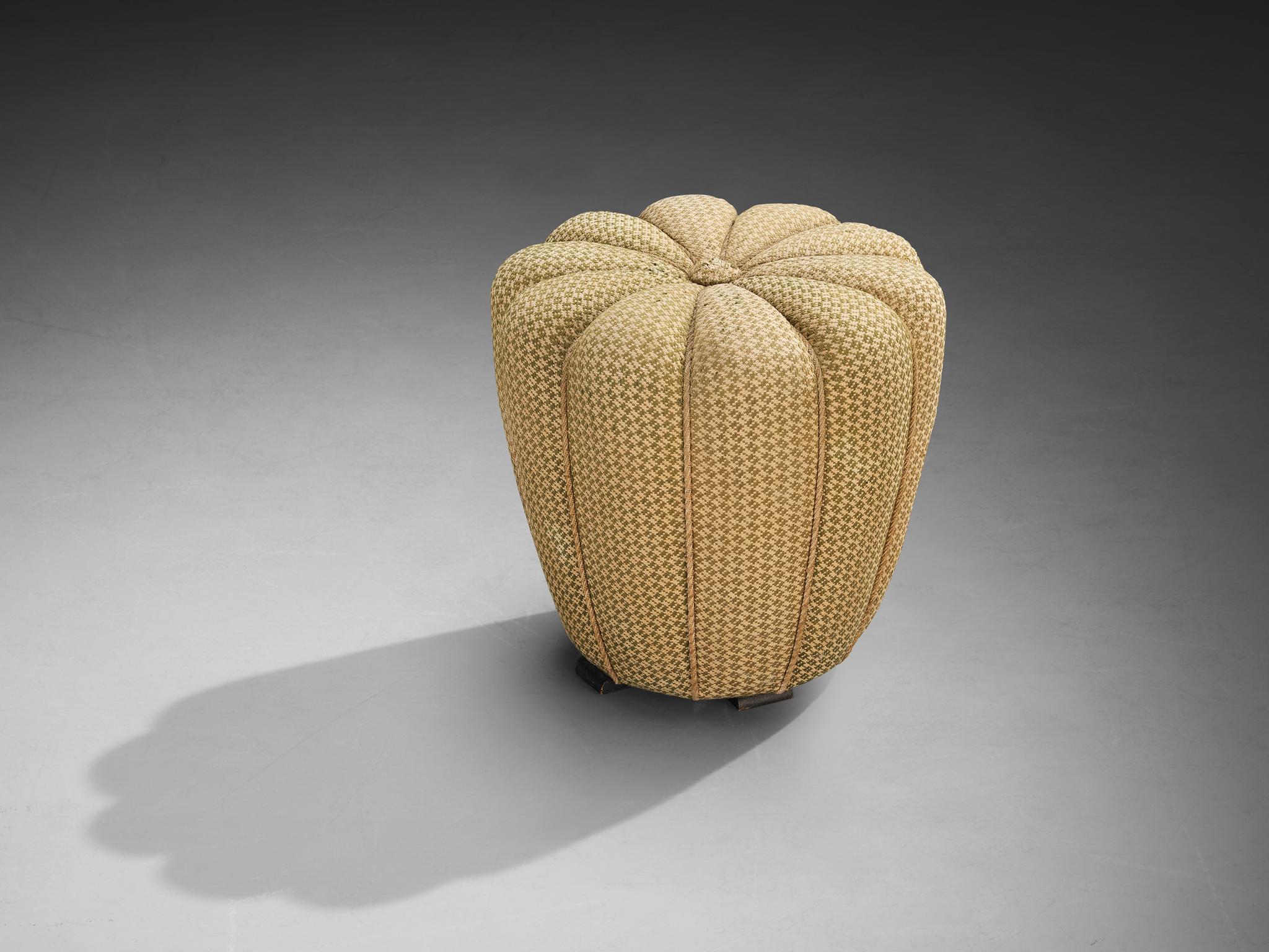 Jindrich Halabala for UP Závody, footstool, tabouret, ottoman, fabric, beech, Czech Republic, 1930s.

This poetic pouf, designed in the 1930s at the height of the Art Deco movement, stands out for its artistic upholstery, which still retains its