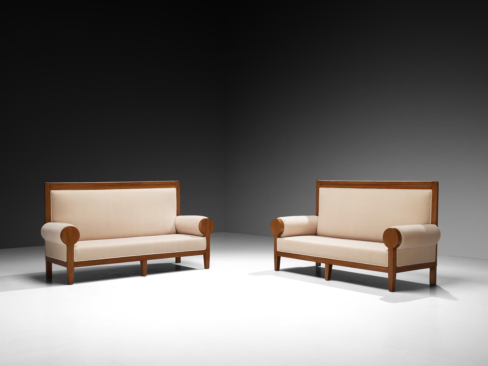 Sofas or settees, reupholstered in mohair 