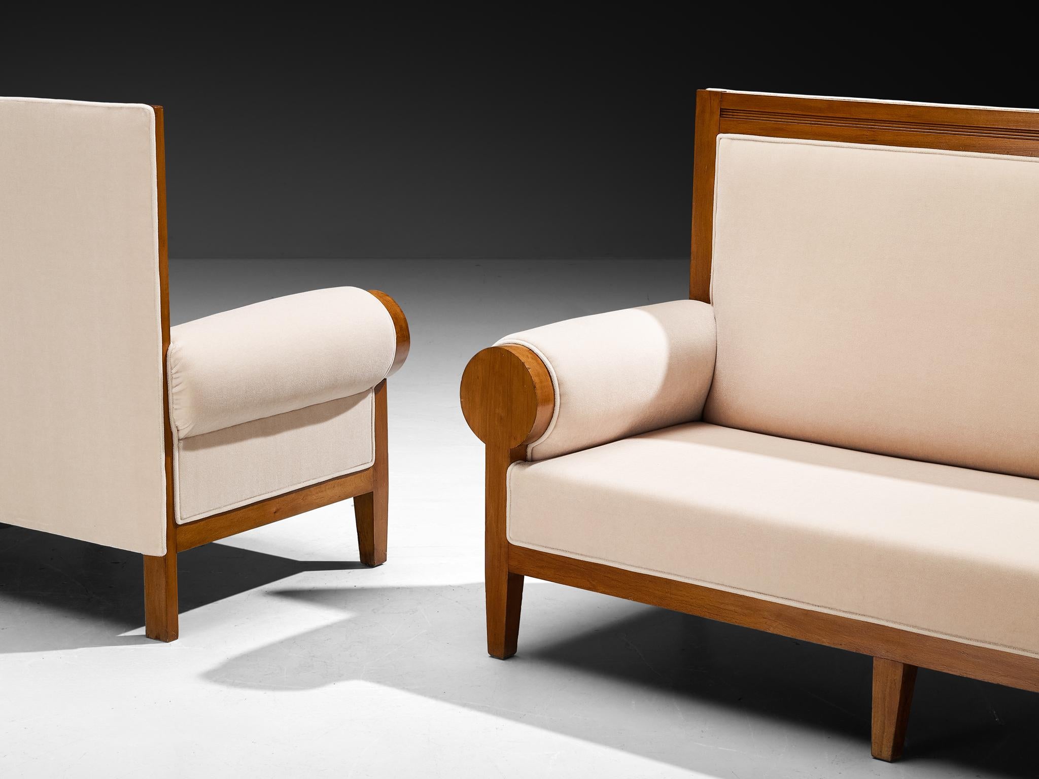 European Art Deco Sofas or Settees with High Back in Light Creme Mohair by Pierre Frey For Sale