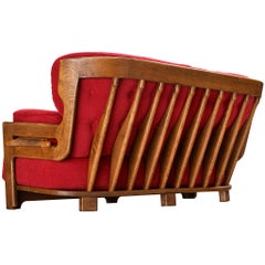 Guillerme & Chambron Sofa 'Denis' in Solid Oak and Red Pink Velvet