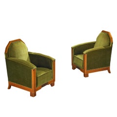 Paire de chaises longues Art Deco en acajou et velours vert forêt