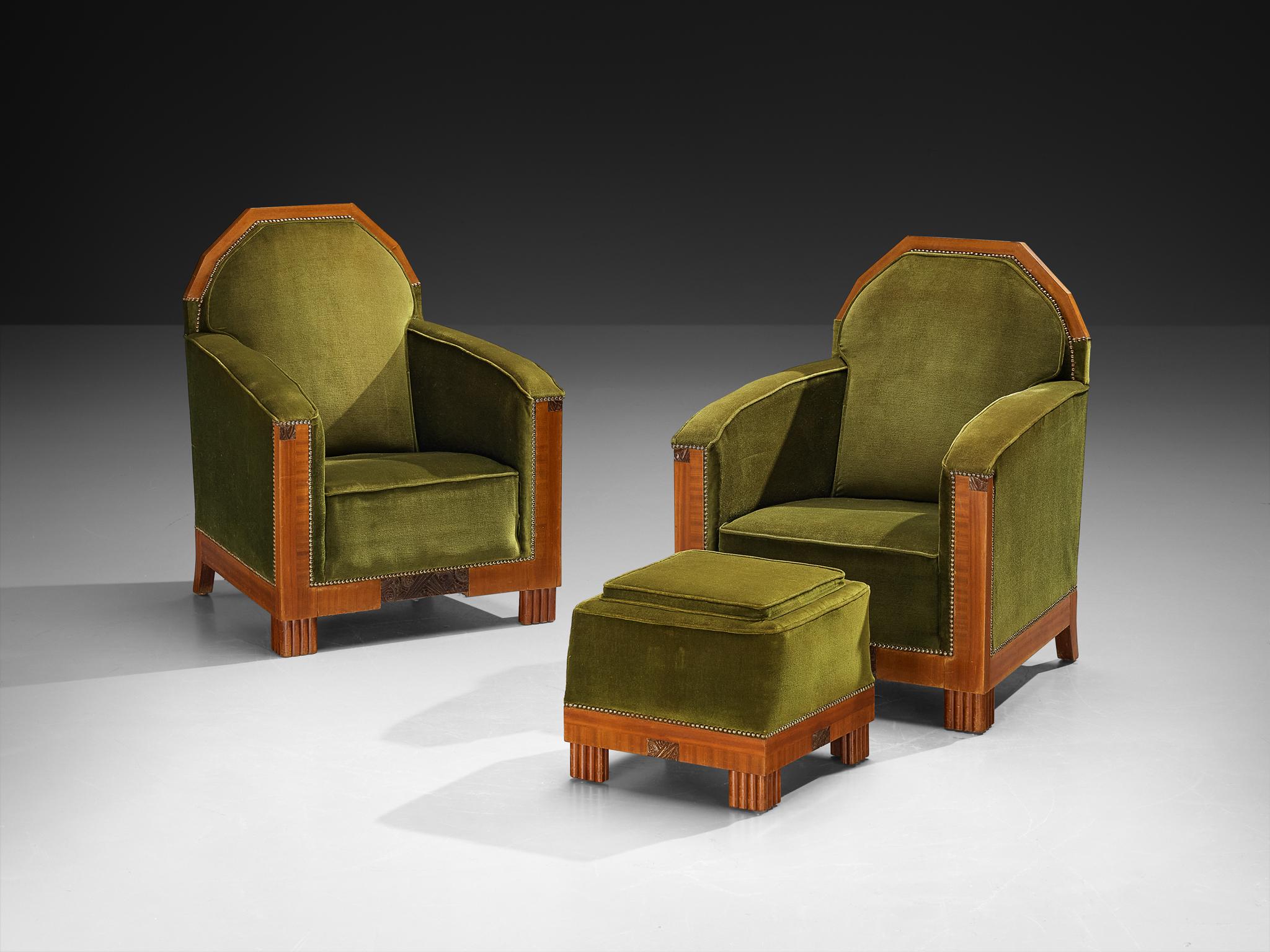 Art déco Paire de chaises longues Art Deco en acajou et velours vert forêt en vente