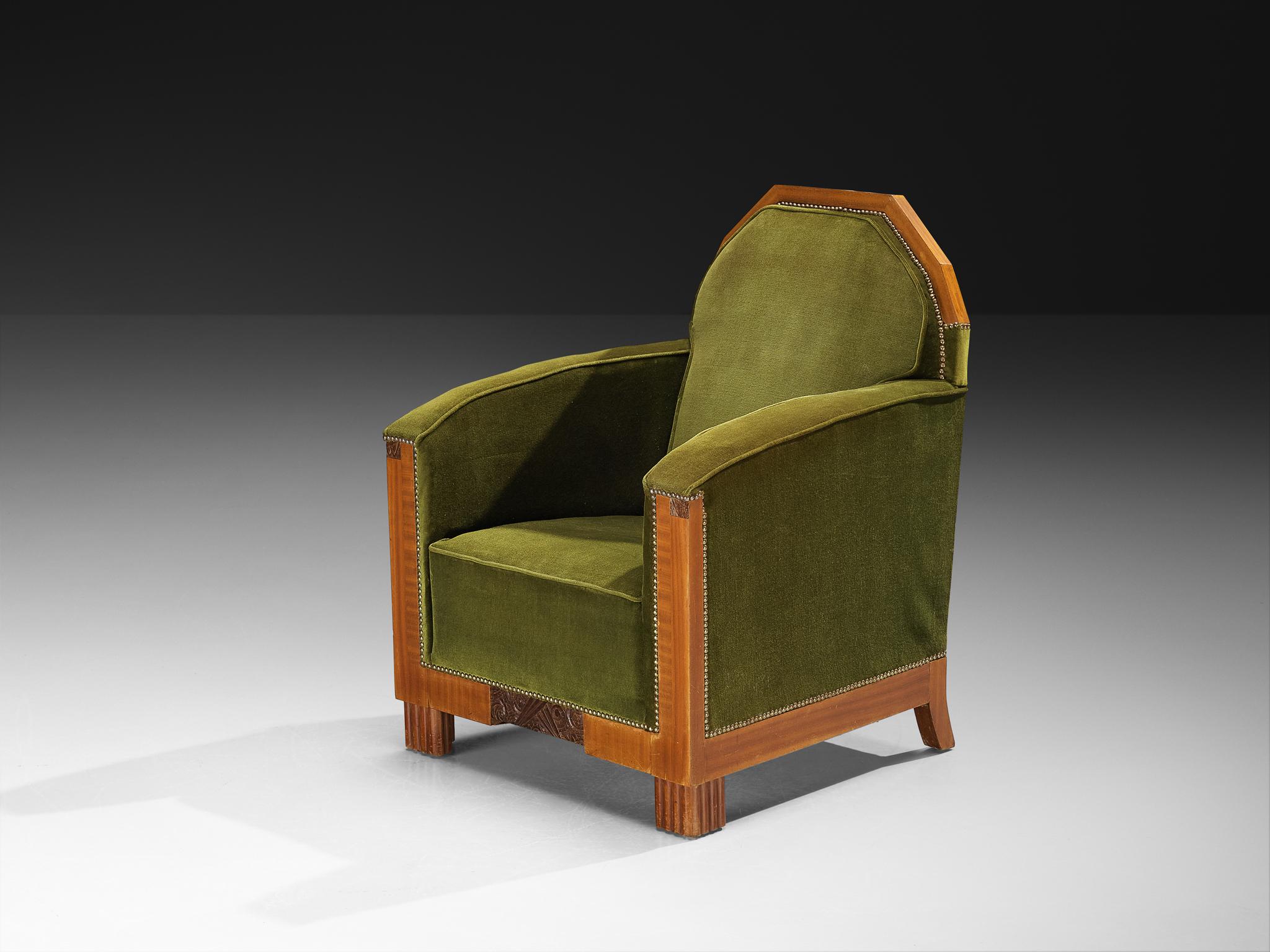 Européen Paire de chaises longues Art Deco en acajou et velours vert forêt en vente
