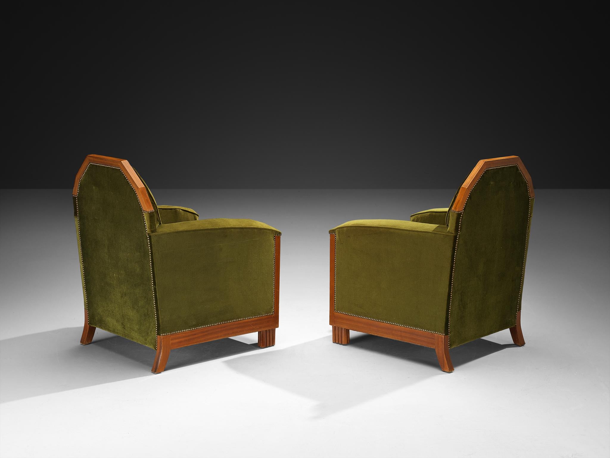 Paire de chaises longues Art Deco en acajou et velours vert forêt Bon état - En vente à Waalwijk, NL