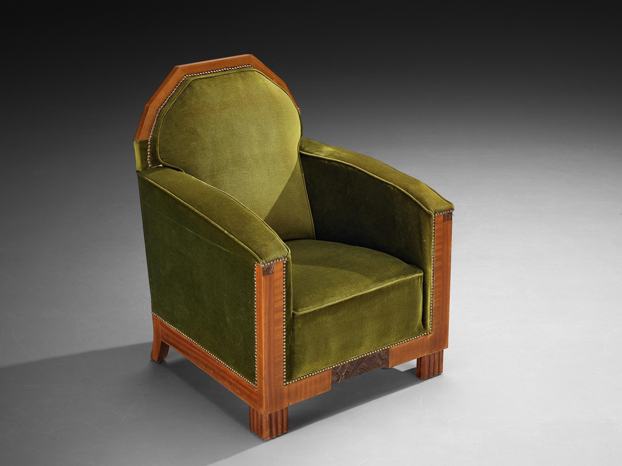 Milieu du XXe siècle Paire de chaises longues Art Deco en acajou et velours vert forêt en vente
