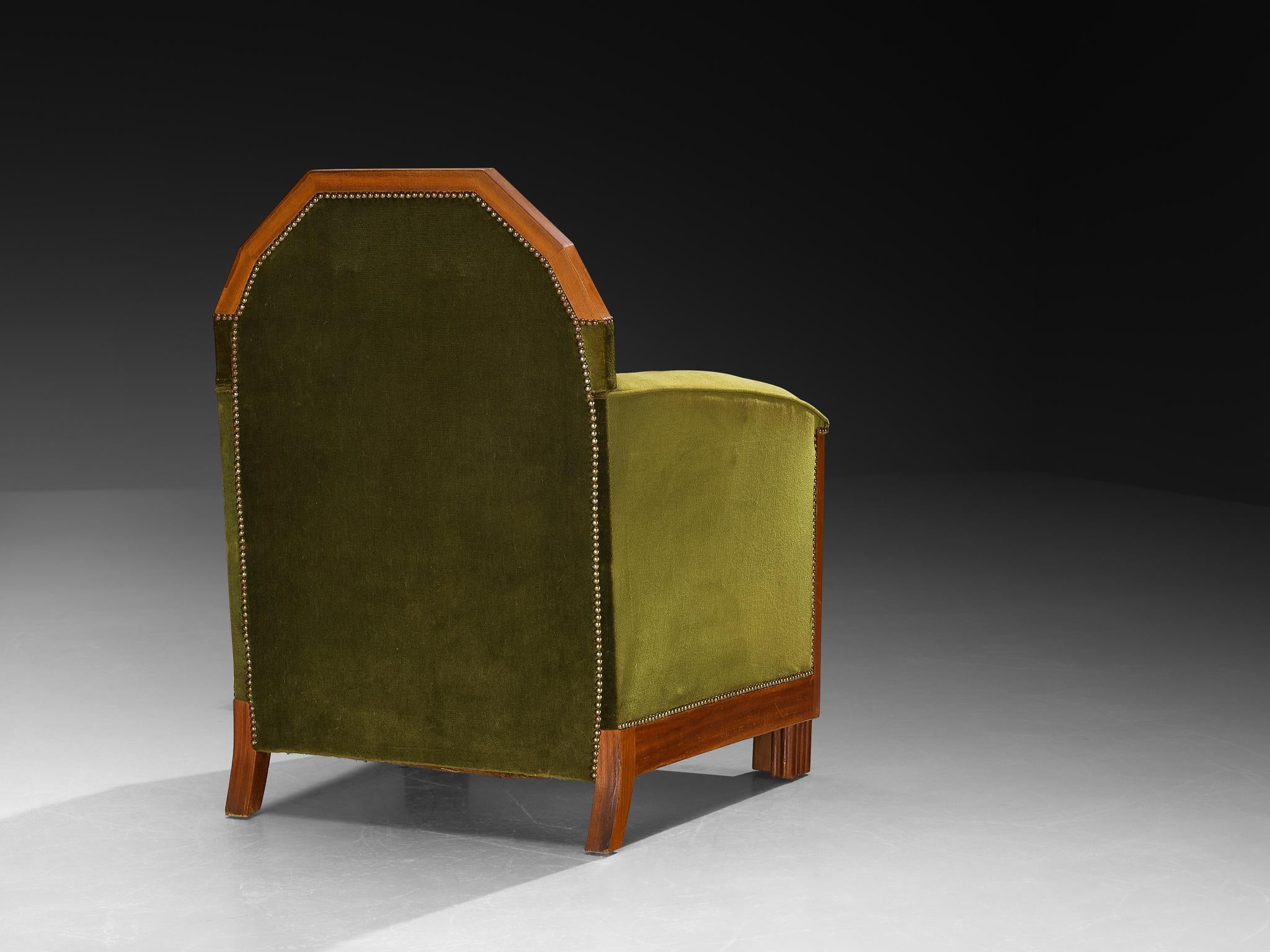 Métal Paire de chaises longues Art Deco en acajou et velours vert forêt en vente