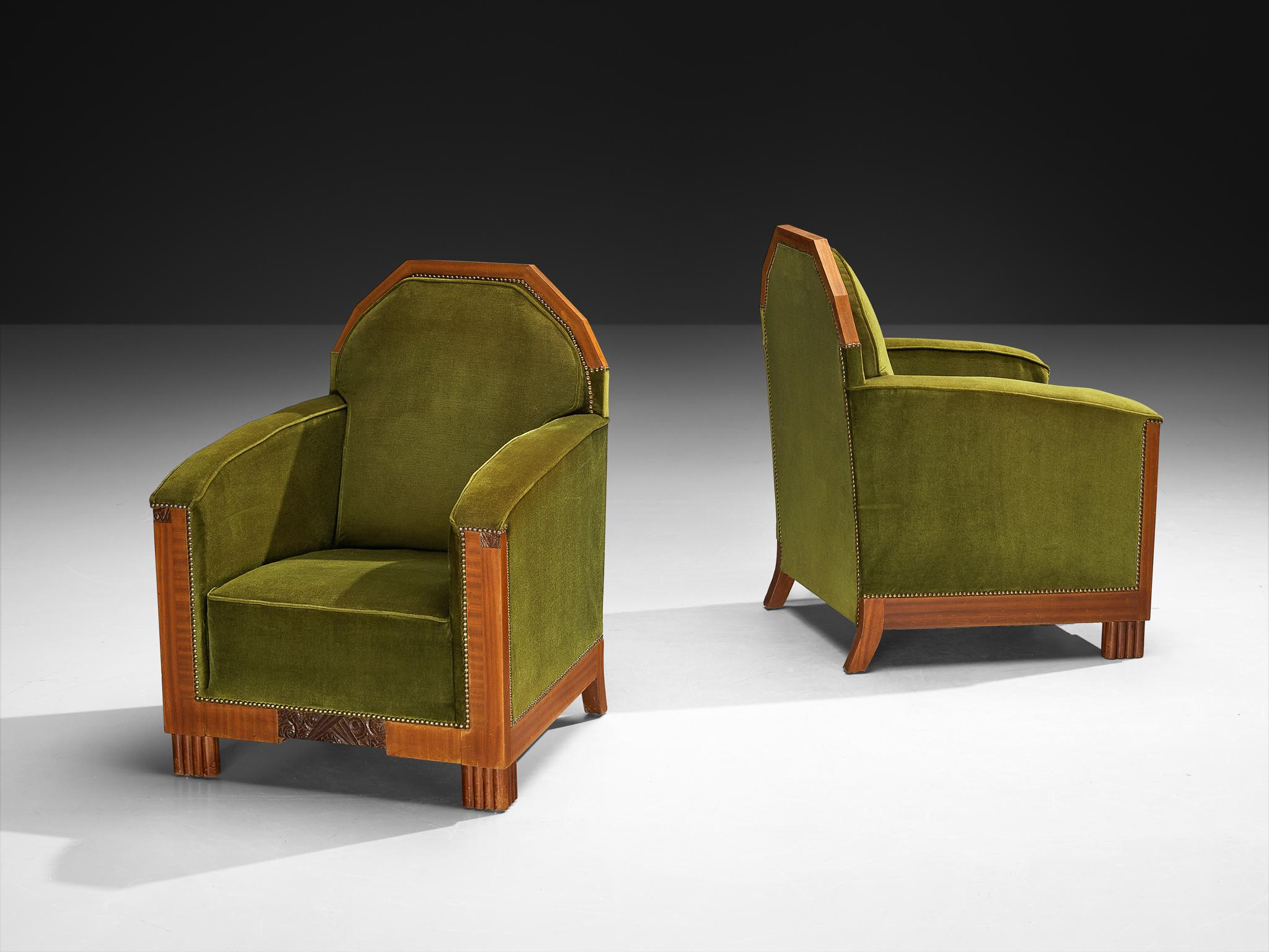 Paire de chaises longues Art Deco en acajou et velours vert forêt en vente 1