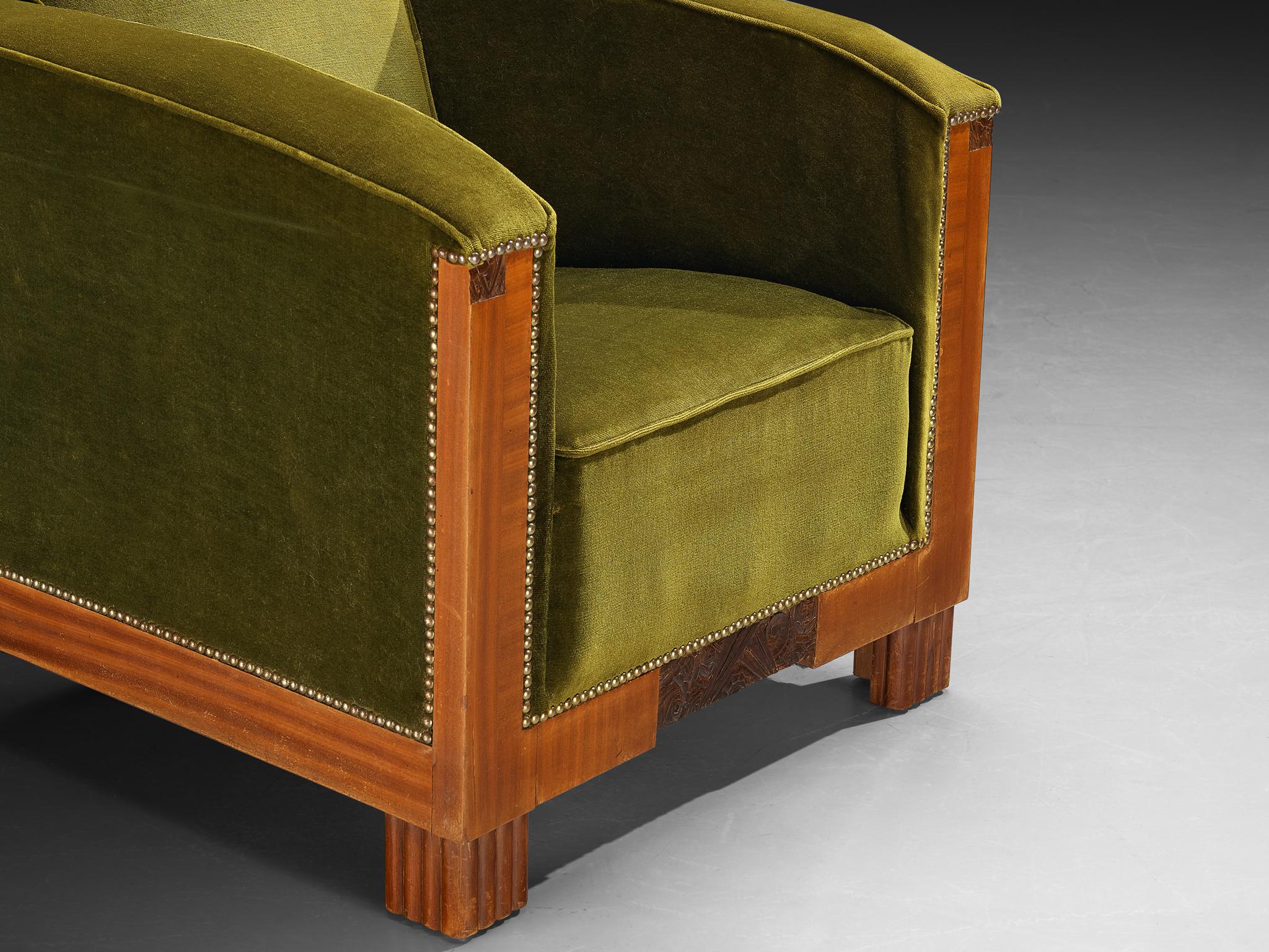 Paire de chaises longues Art Deco en acajou et velours vert forêt en vente 2