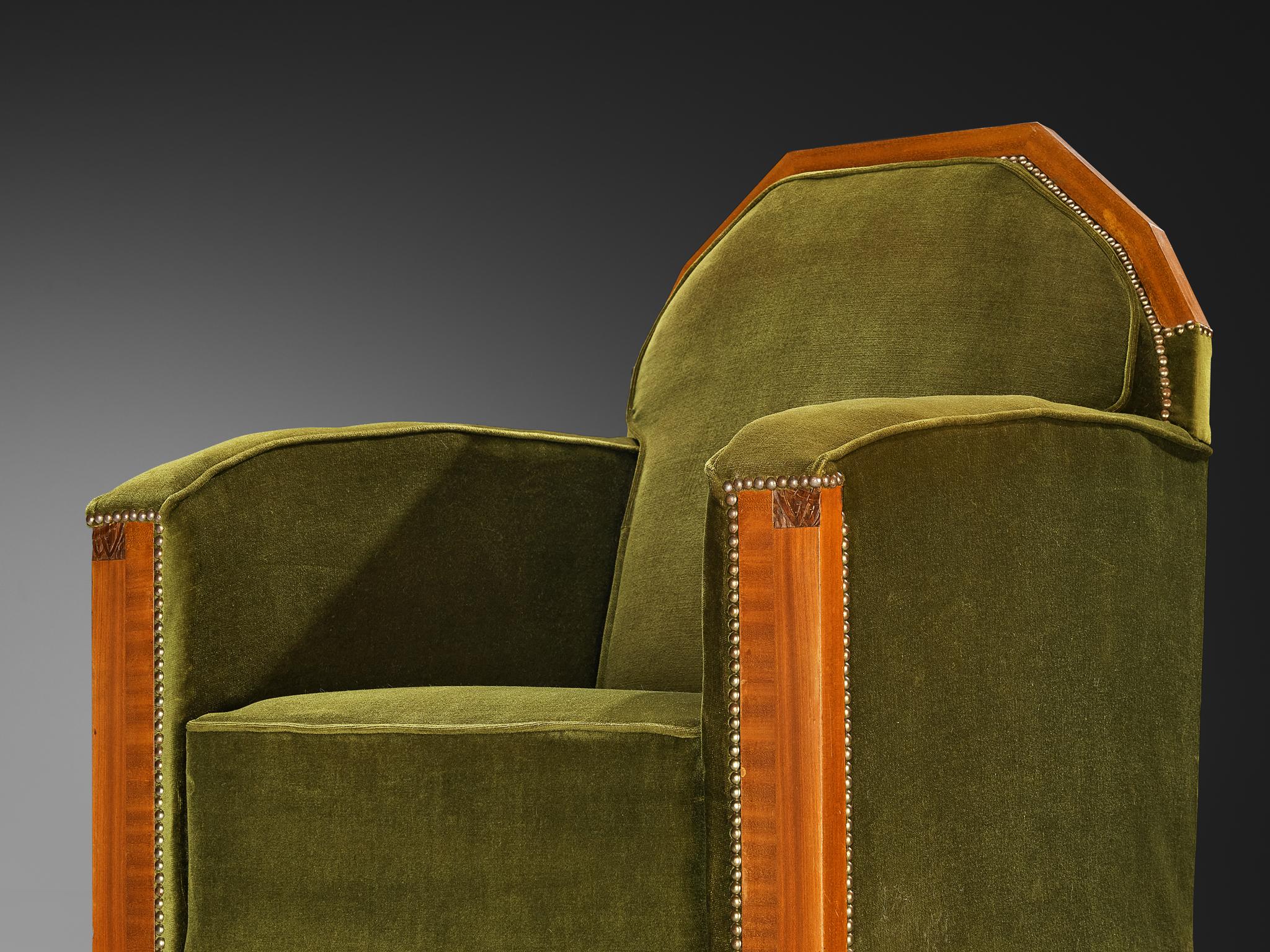 Paire de chaises longues Art Deco en acajou et velours vert forêt en vente 4