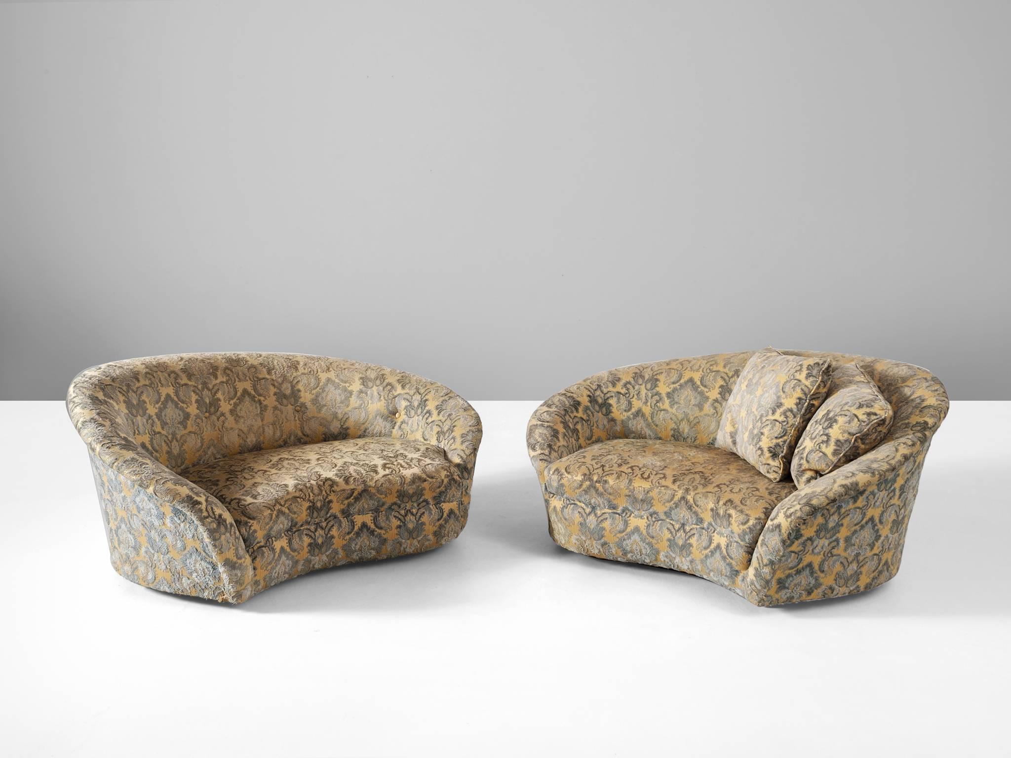 Mid-Century Modern Pair of Italian Settees in Gold Floral Fabric Upholstery