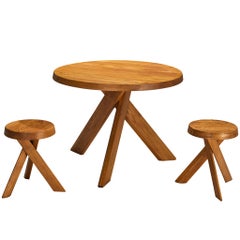 Pierre Chapo Seating Set with Rare 'T21A' Table and 'S13A' Stools