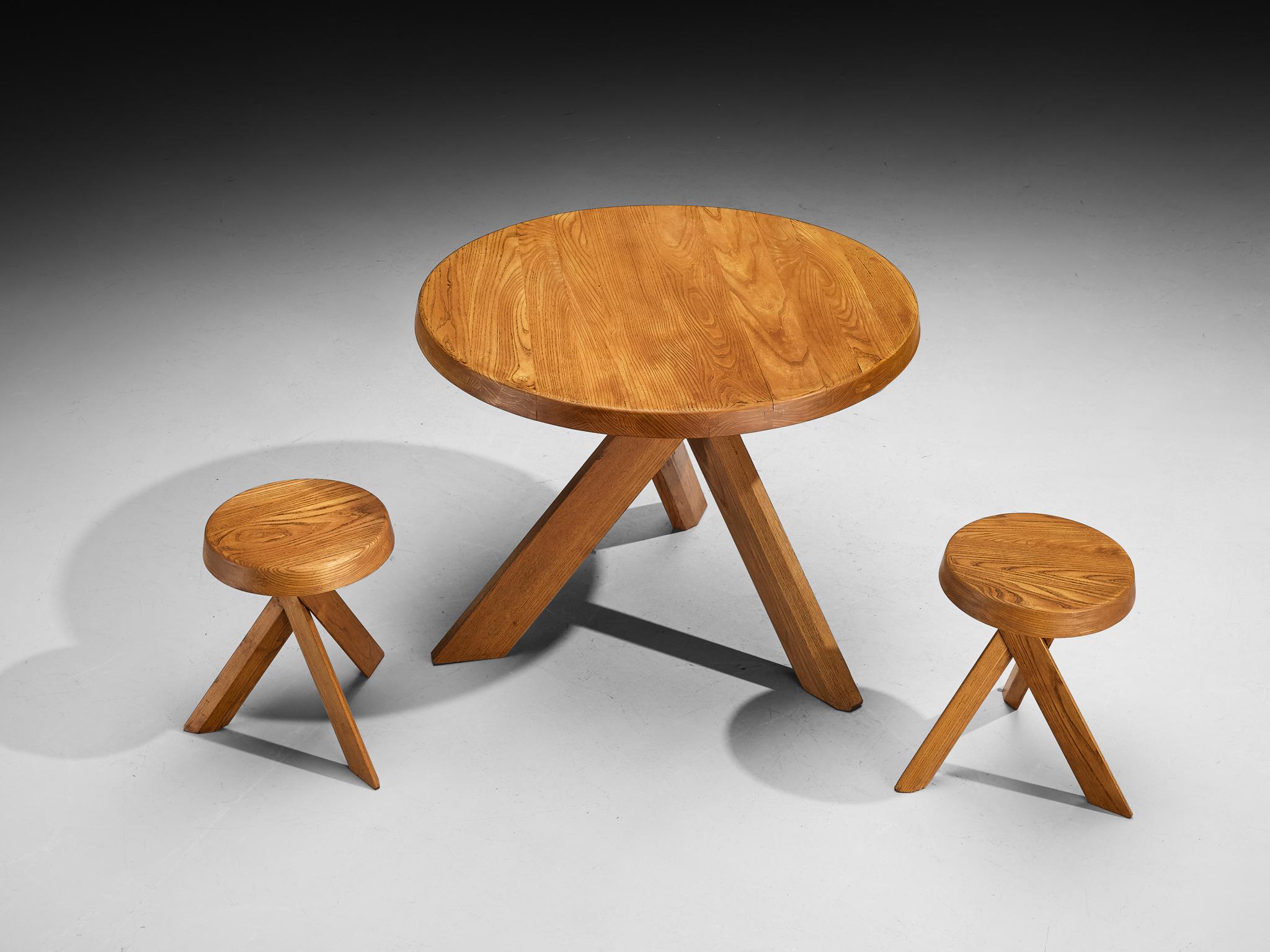 Late 20th Century Pierre Chapo Seating Set with Rare 'T21A' Table and 'S13A' Stools For Sale