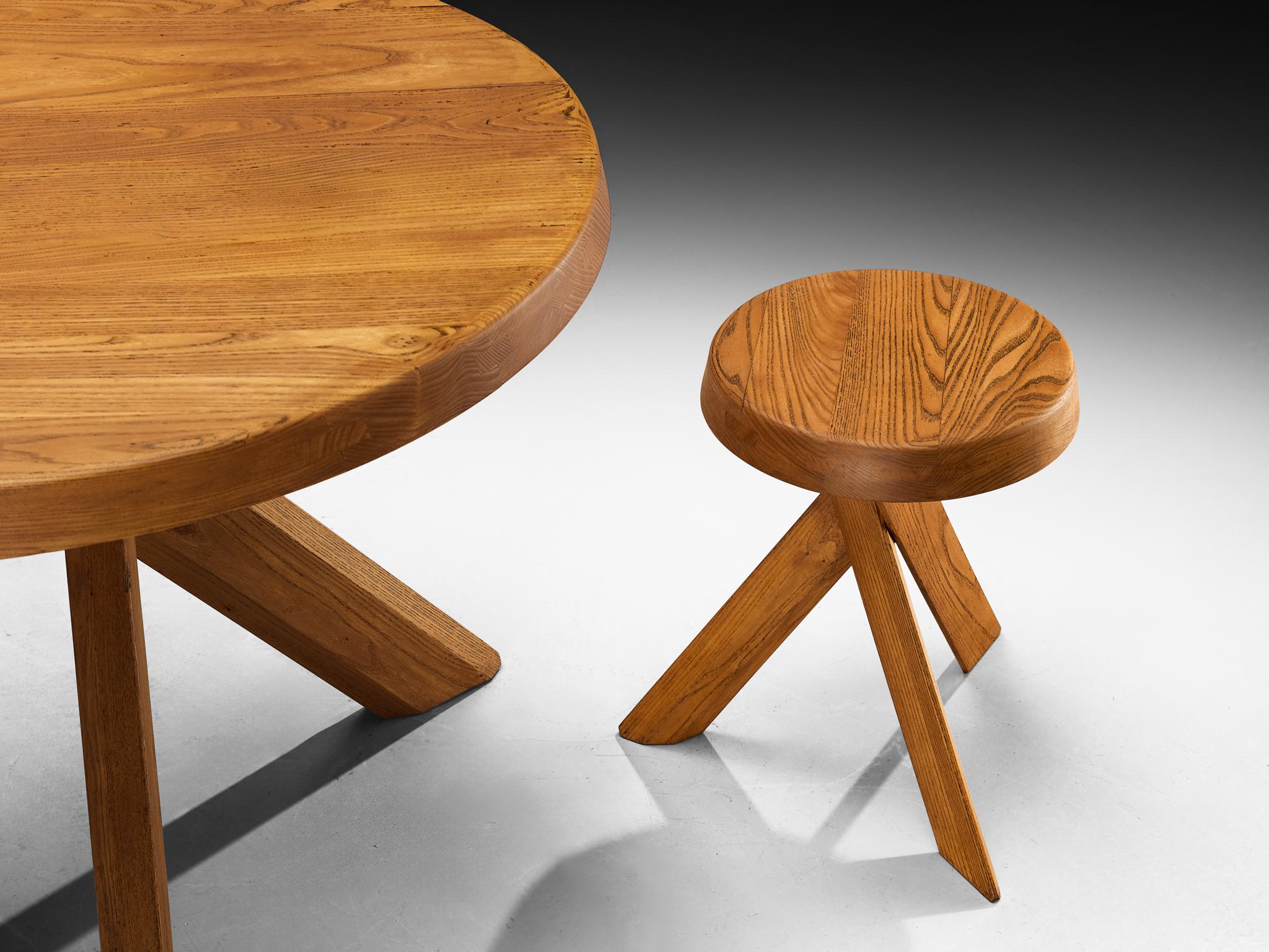 Elm Pierre Chapo Seating Set with Rare 'T21A' Table and 'S13A' Stools For Sale