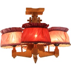 Guillerme & Chambron for Votre Maison Chandelier in Oak with Red Fabric Shades