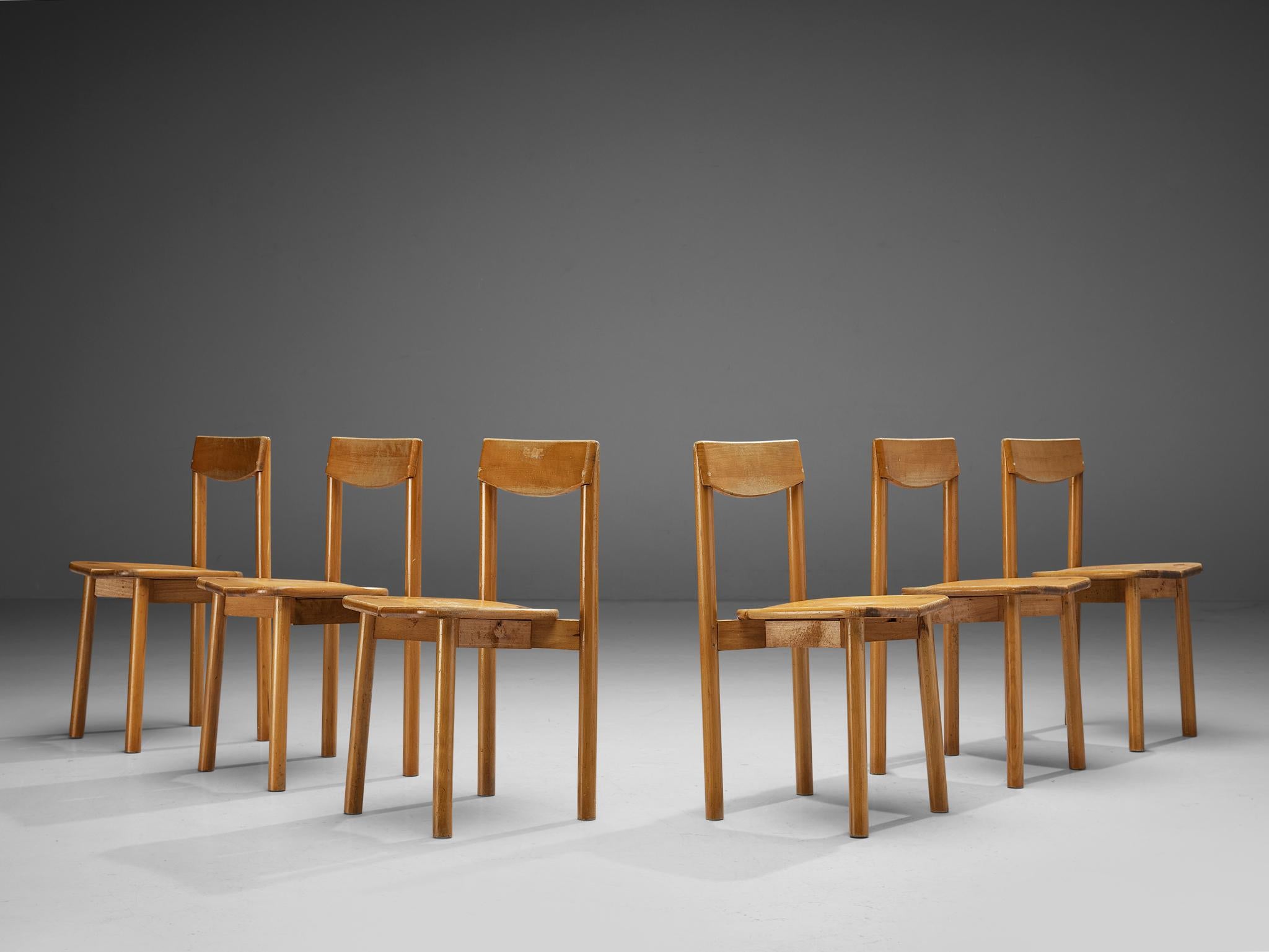 Pierre Gautier-Delaye, set of six dining chairs, beech, France, 1960s

This set of six rustic and modest dining chairs is crafted from stained beechwood. The seat is composed of two organically shaped slats, showcasing meticulous craftsmanship with