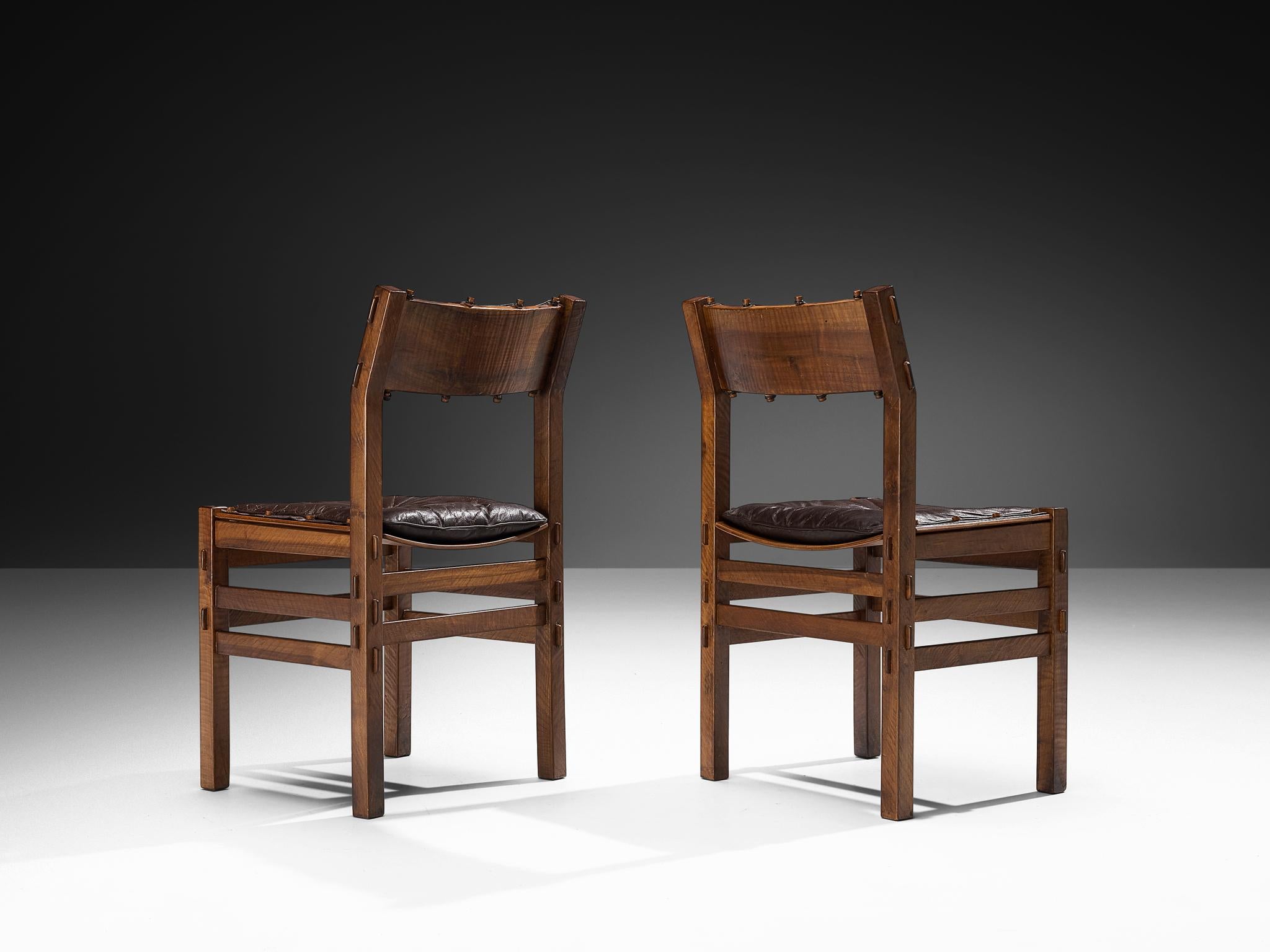 Leather Giuseppe Rivadossi for Officina Rivadossi Set of Four Dining Chairs in Walnut For Sale