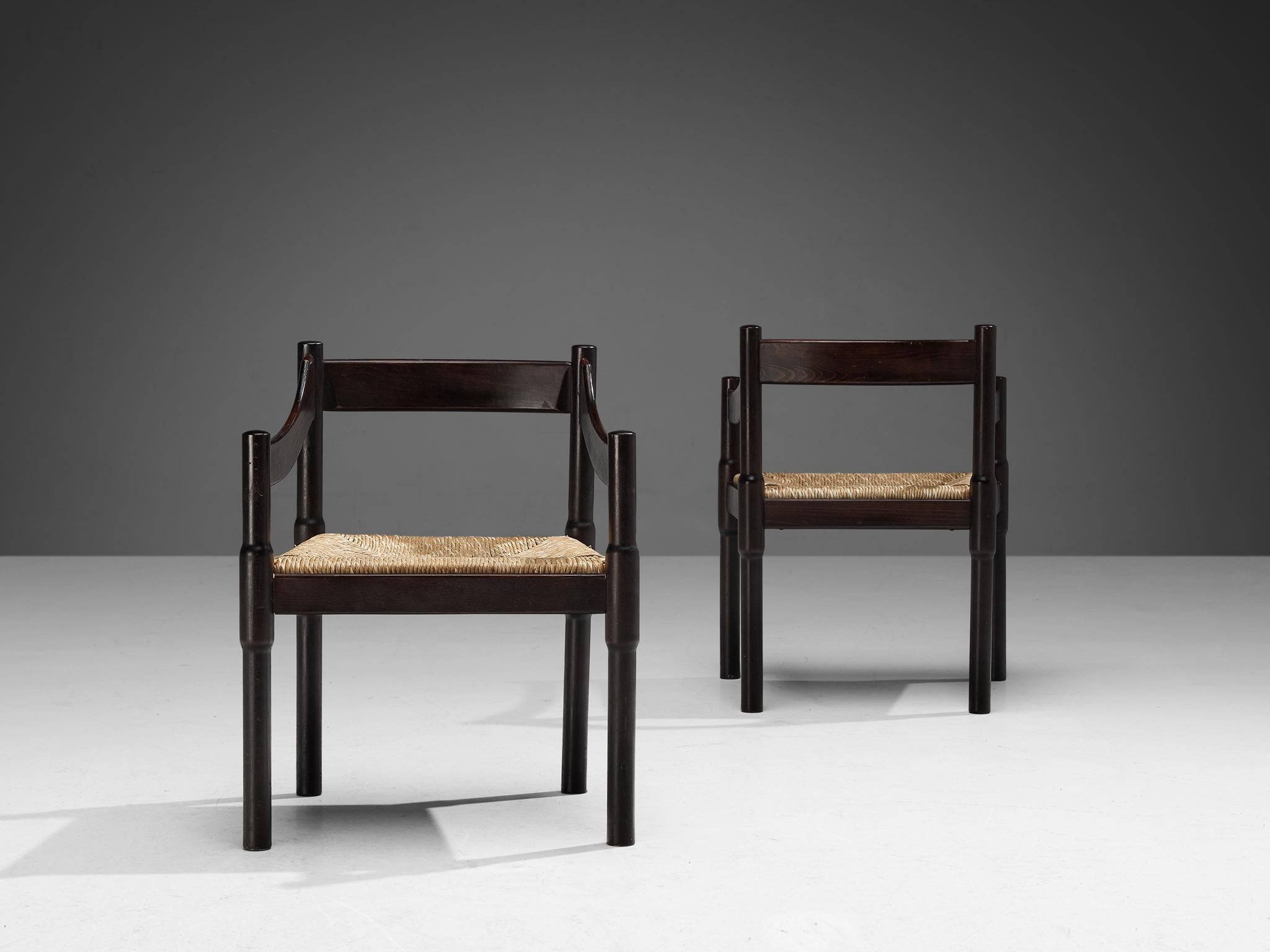 Mid-Century Modern Vico Magistretti Pair of 'Carimate' Dining Chairs with Rush Seats For Sale