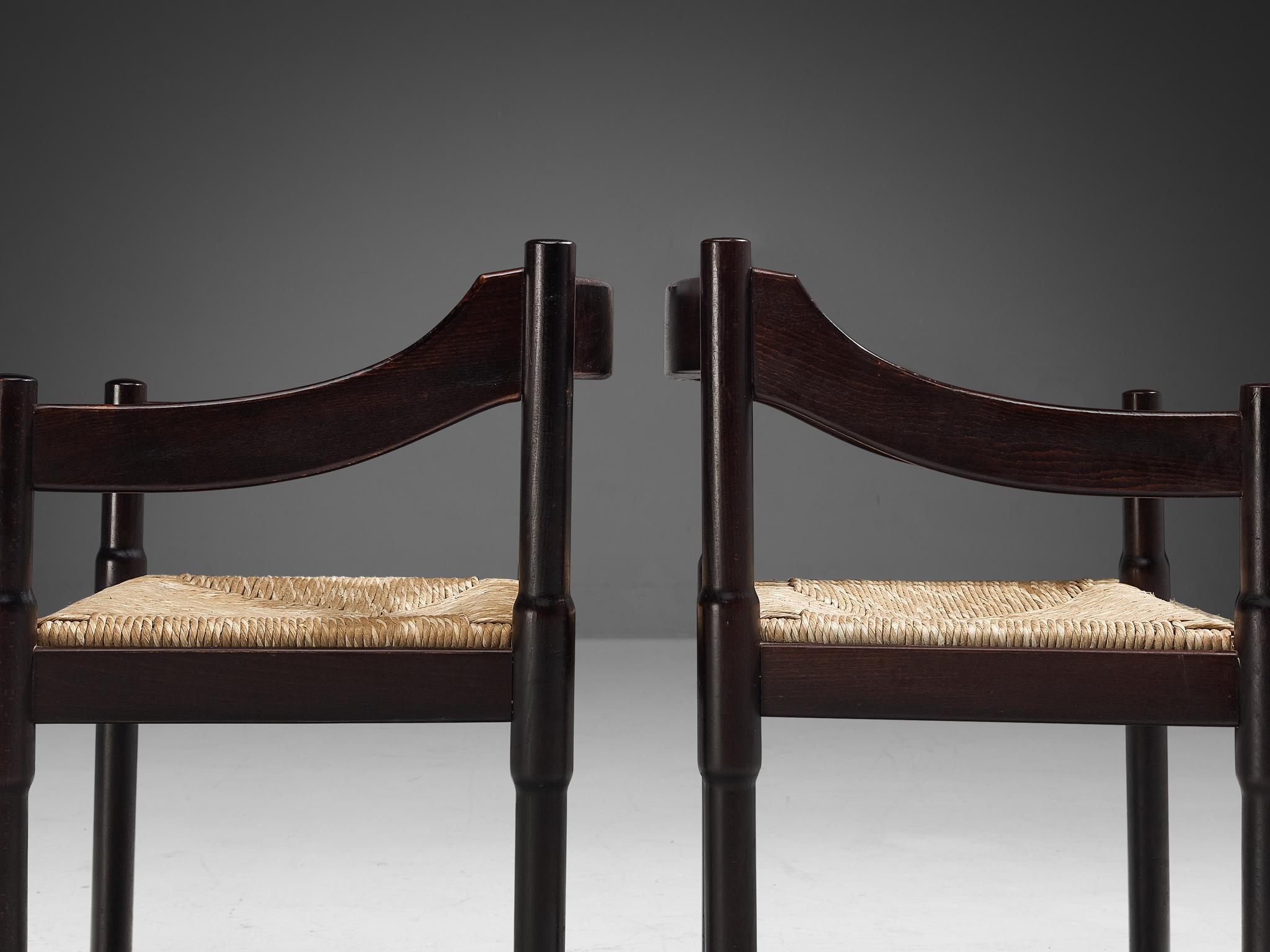 Italian Vico Magistretti Pair of 'Carimate' Dining Chairs with Rush Seats For Sale