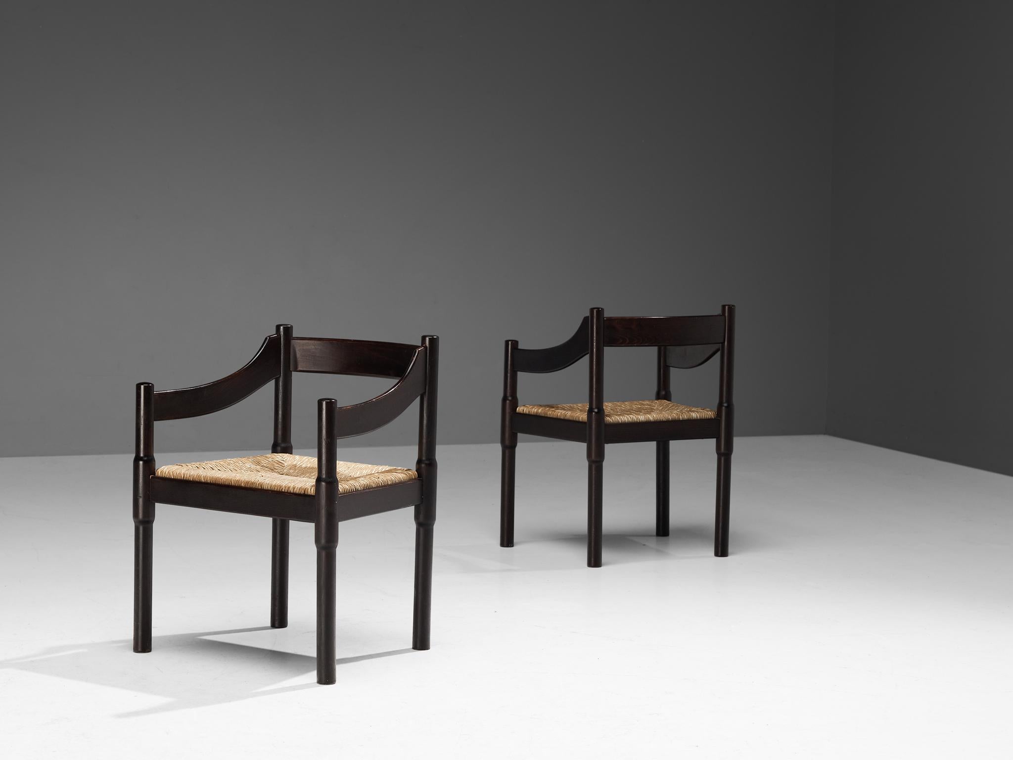 Mid-20th Century Vico Magistretti Pair of 'Carimate' Dining Chairs with Rush Seats For Sale