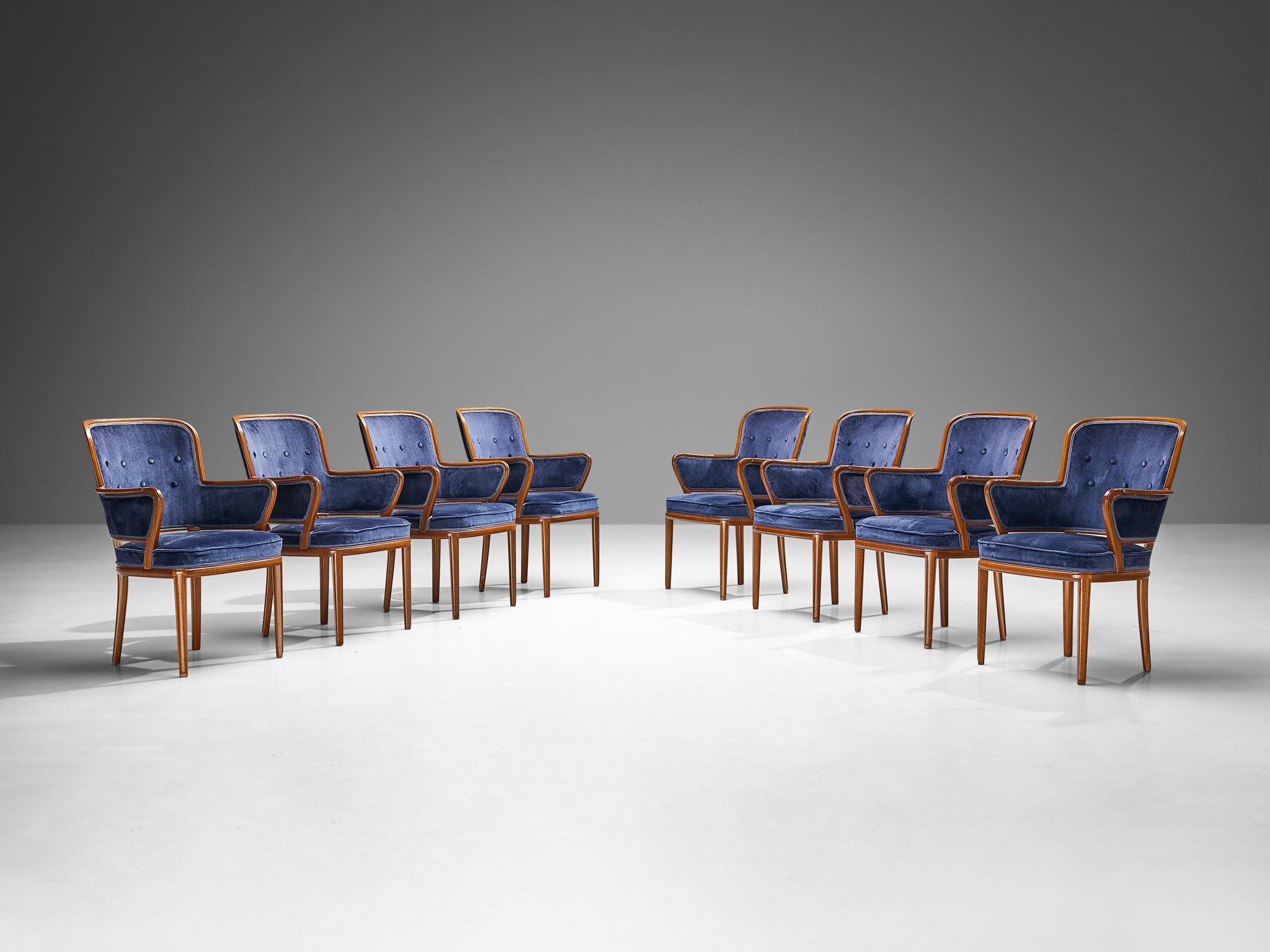 Carl Malmsten: Acht-Sessel-Set aus Mahagoni mit blauer Polsterung im Angebot 2