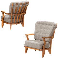 Guillerme & Chambron Pair of 'Petit Repos' Lounge Chairs in Oak and Teddy Fabric