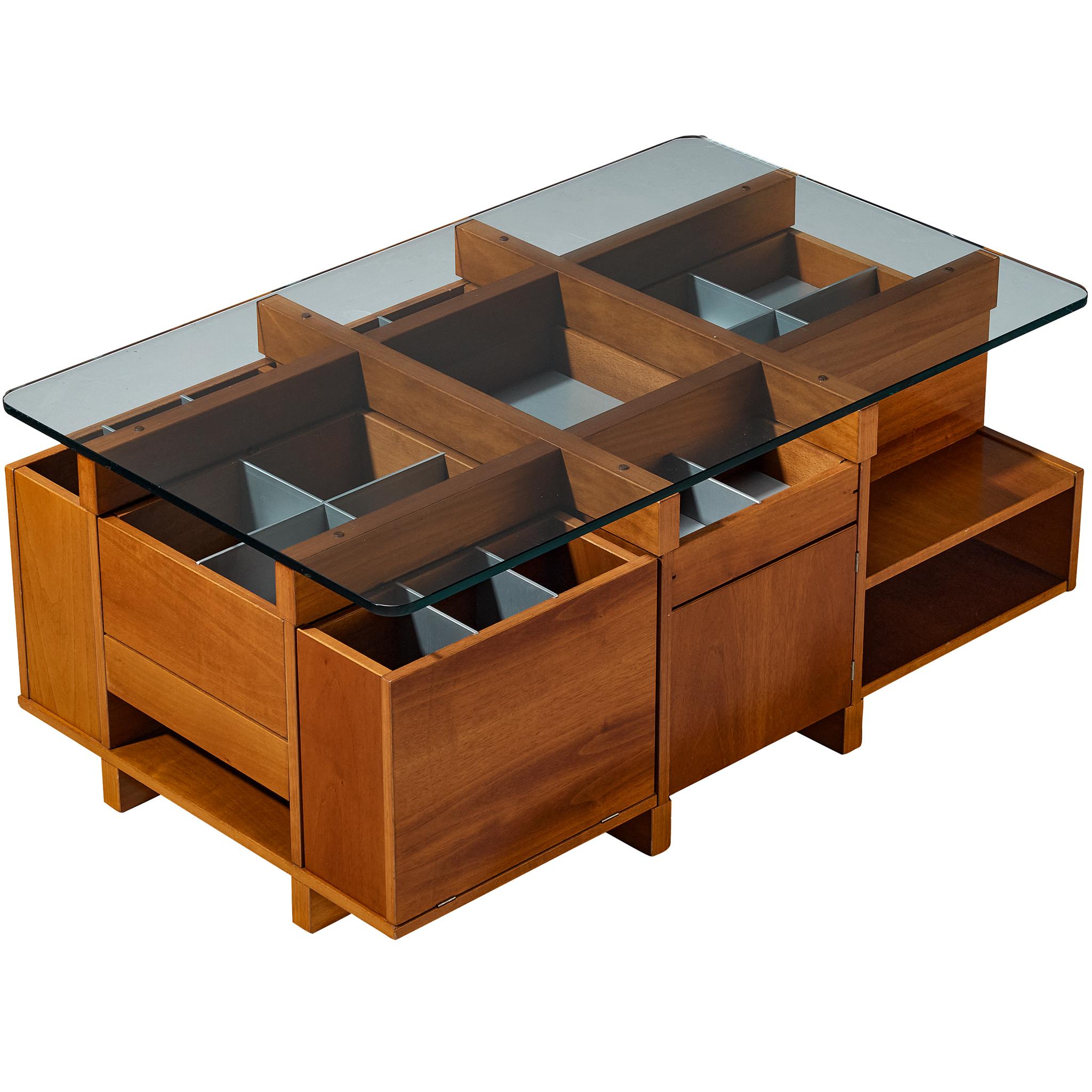 1970s Italian Assymetrical Grid Coffee Table in Walnut and Glass For Sale