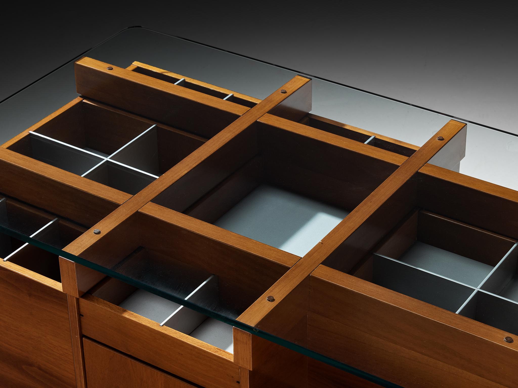 Post-Modern 1970s Italian Assymetrical Grid Coffee Table in Walnut and Glass For Sale