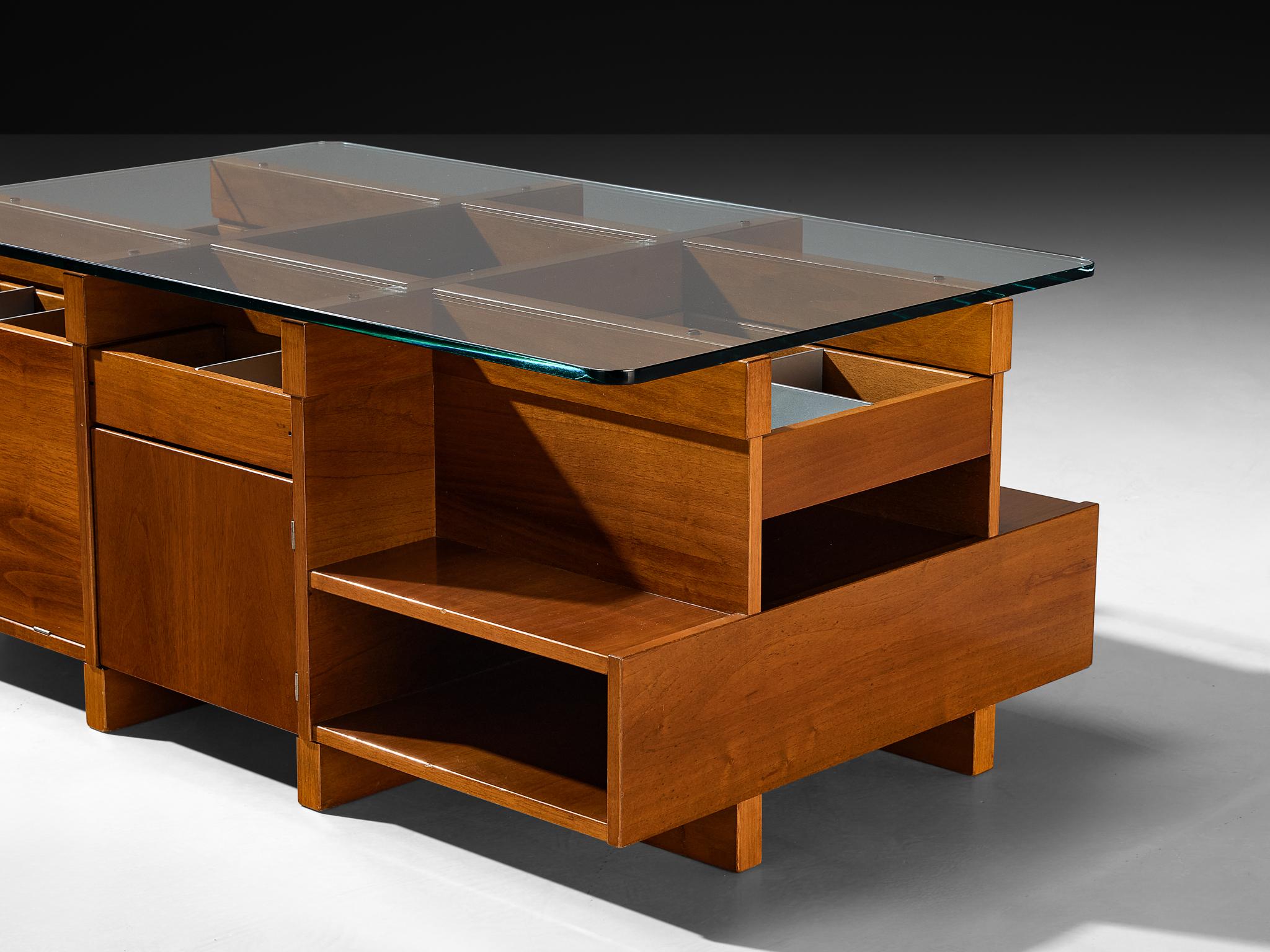 Late 20th Century 1970s Italian Assymetrical Grid Coffee Table in Walnut and Glass For Sale