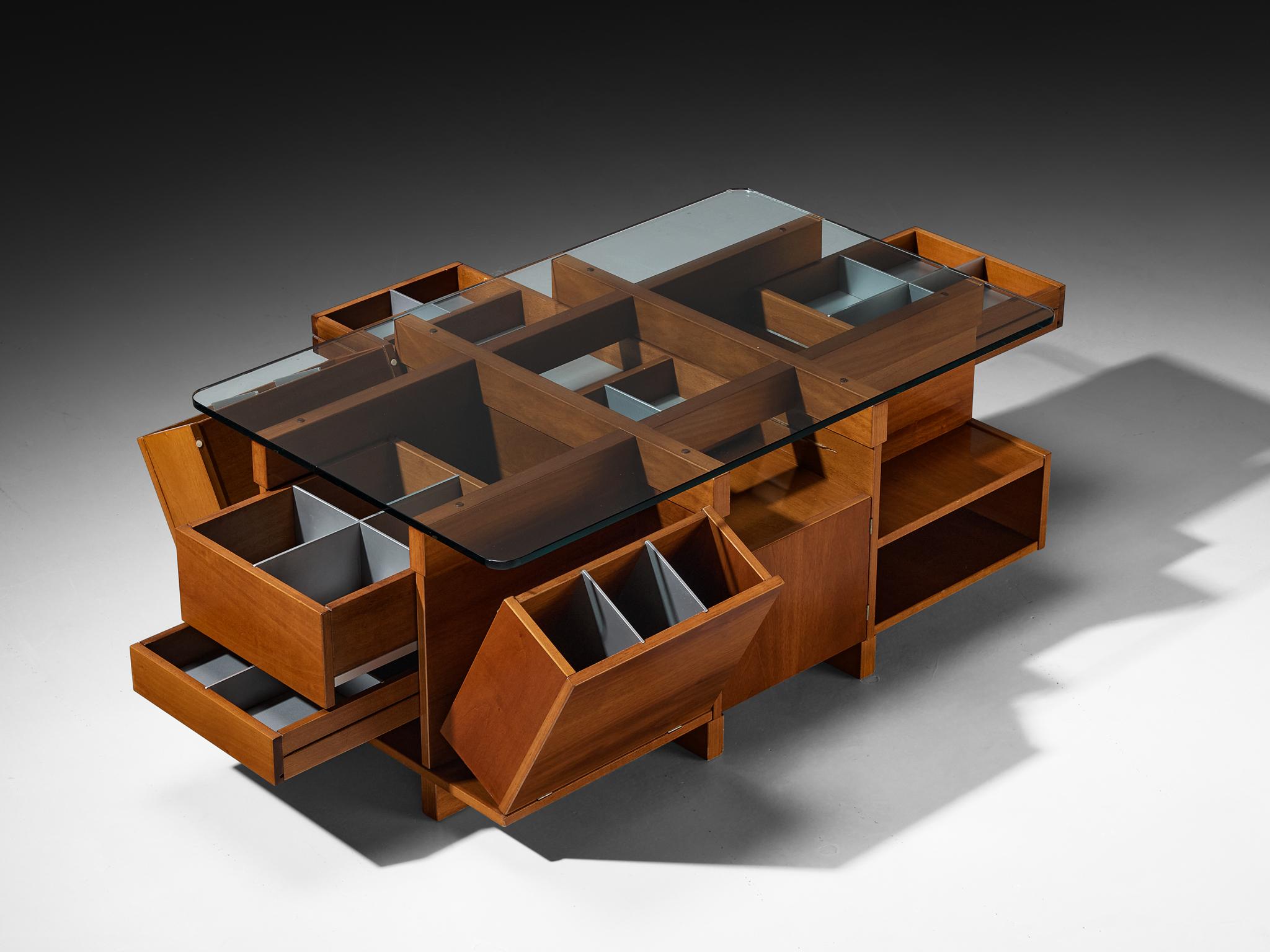 1970s Italian Assymetrical Grid Coffee Table in Walnut and Glass For Sale 1