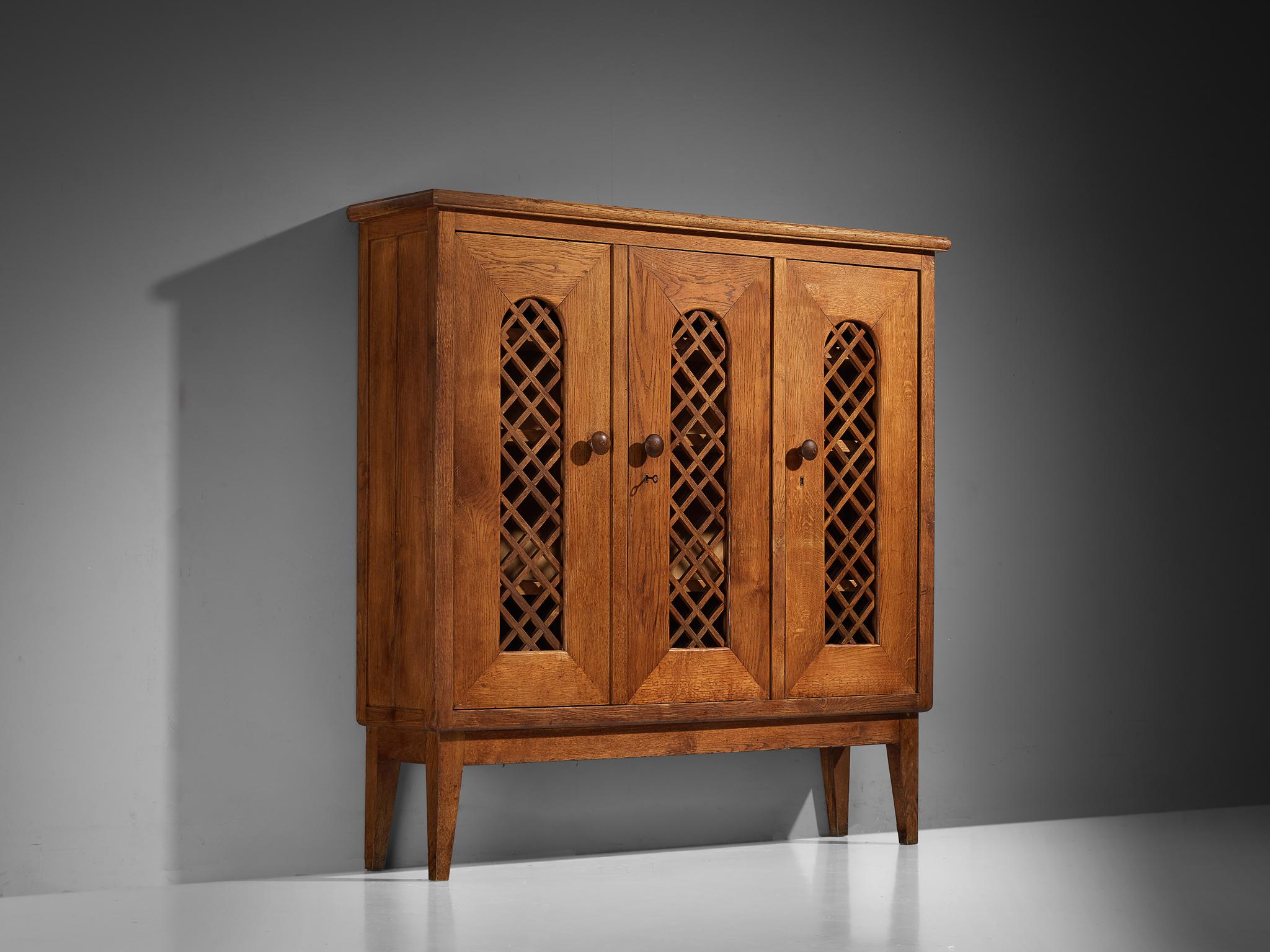 Glass 1940s Cabinet in Solid Oak with Latticework For Sale