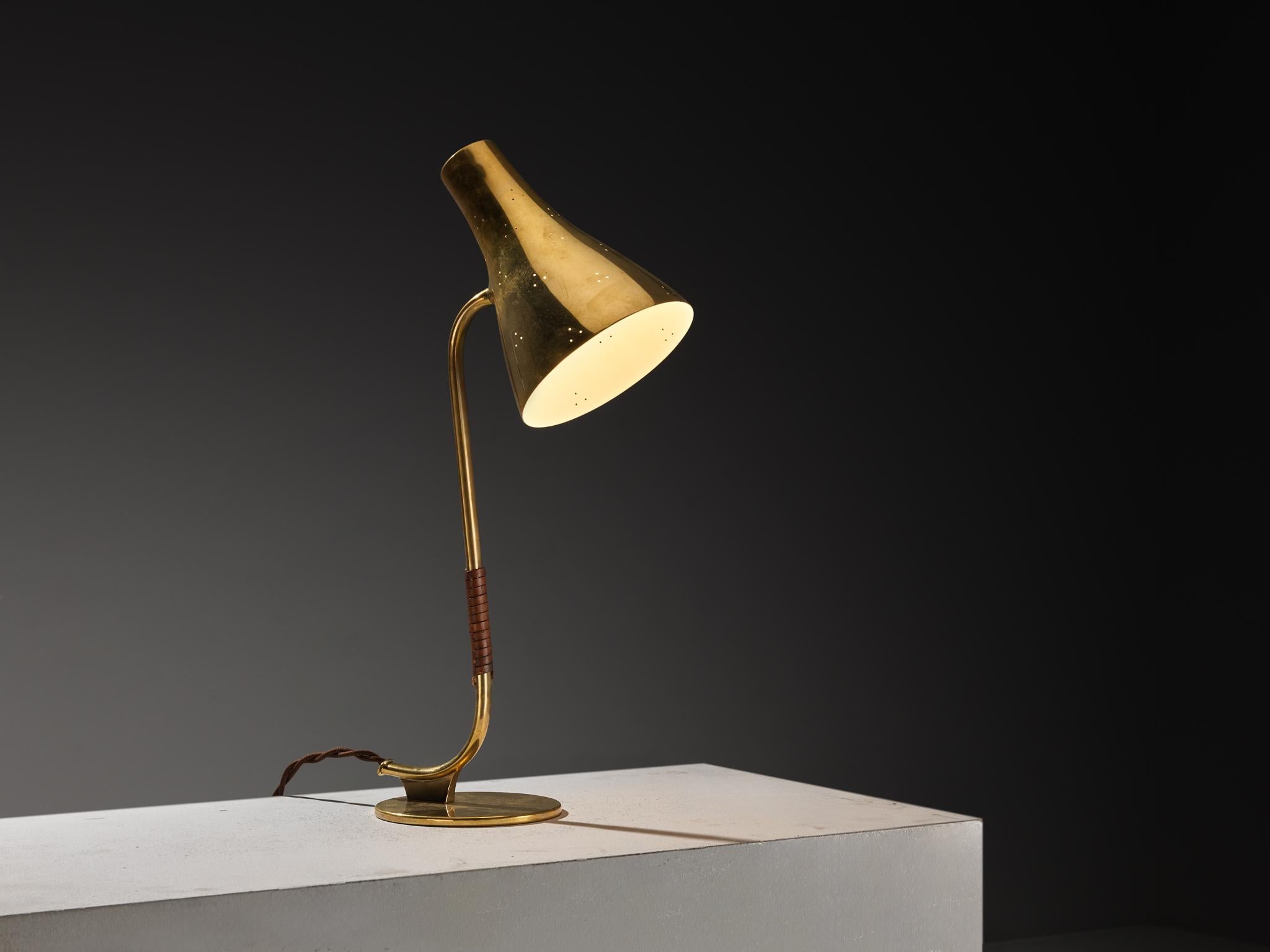 Mid-20th Century Paavo Tynell for Taito Oy '9212A' Table Lamp in Brass and Leather For Sale