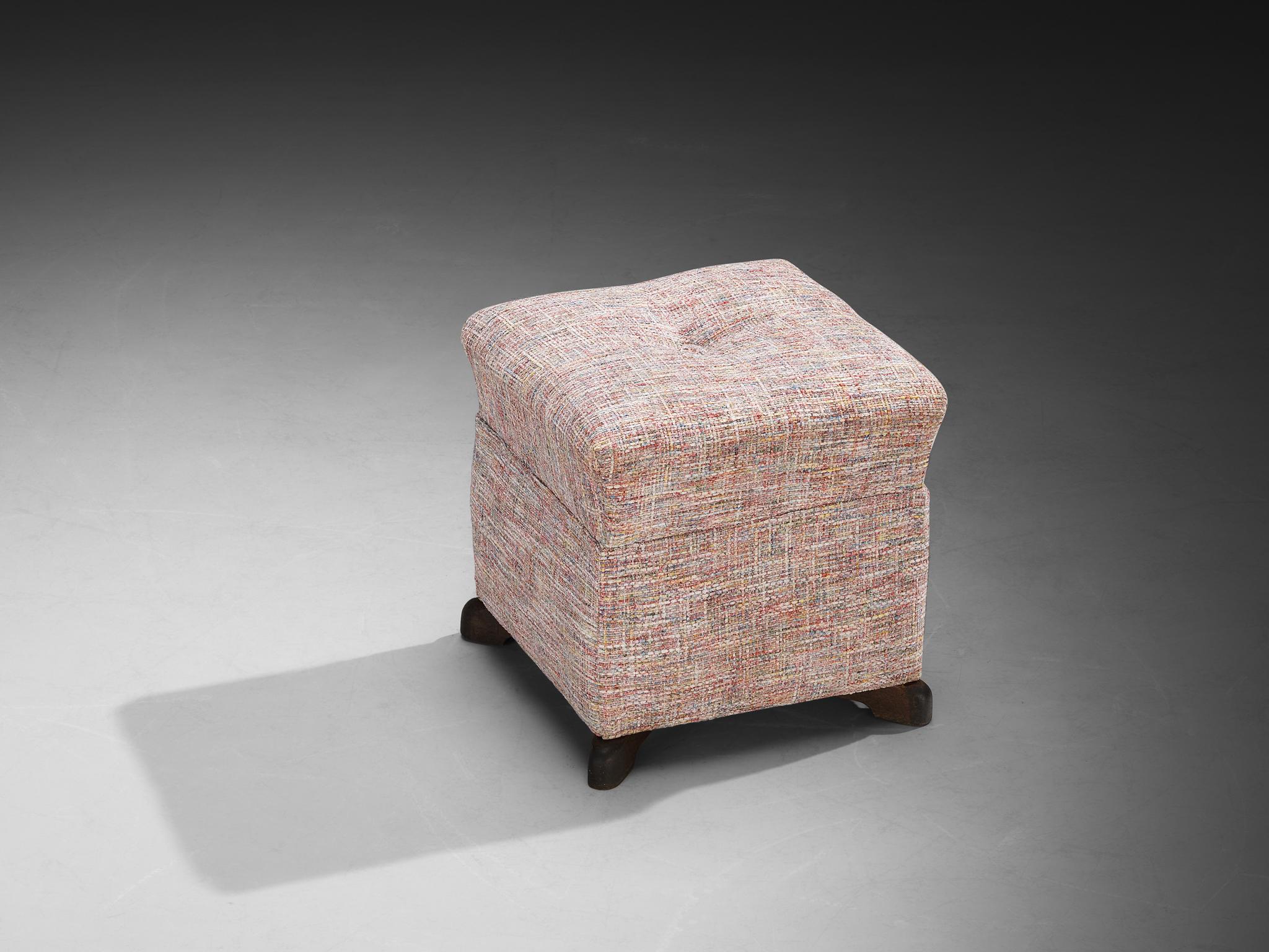 Jindrich Halabala for UP Závody, footstool, tabouret, ottoman, fabric, beech, Czech Republic, 1930s.

This poetic square pouf, designed in the 1930s at the height of the Art Deco movement, stands out for its artistic upholstery, and its intriguing