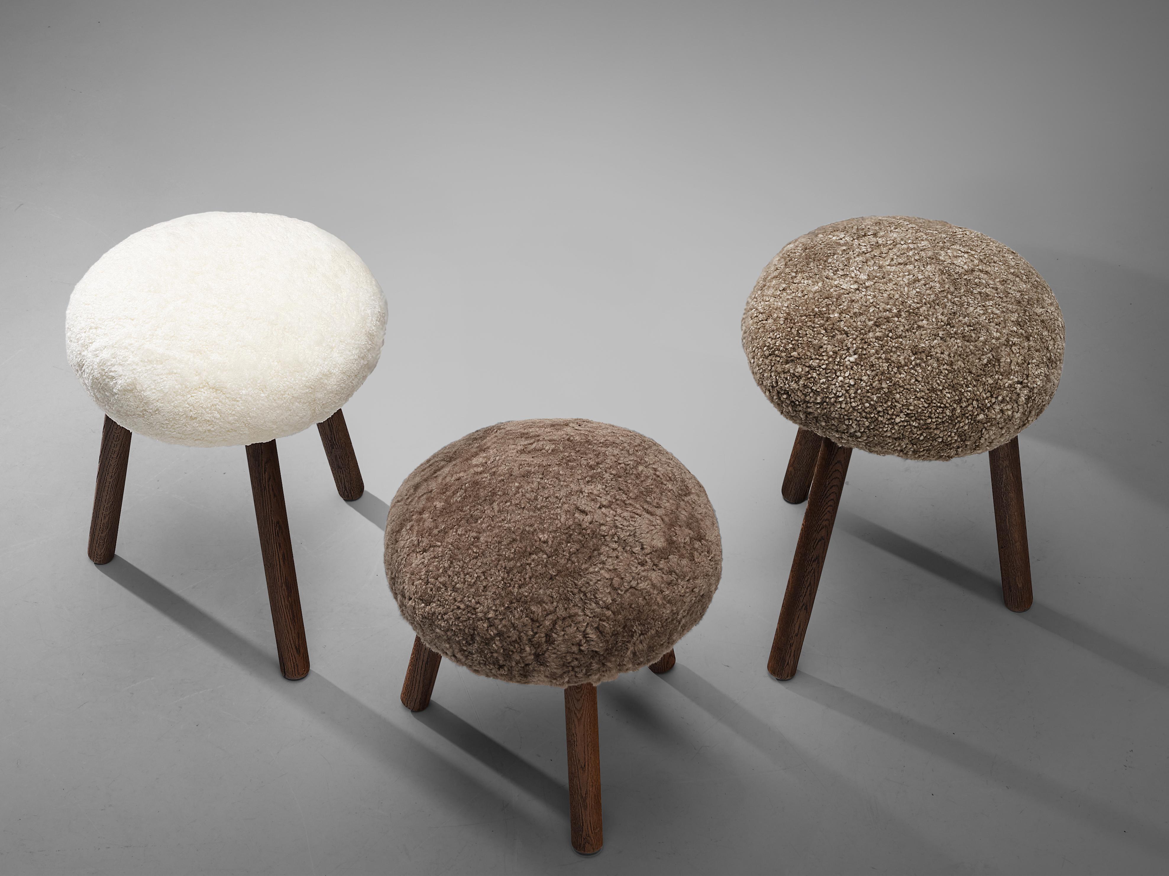 Mid-20th Century Swiss Tripod Stools in Solid Oak Upholstered in Shearling For Sale