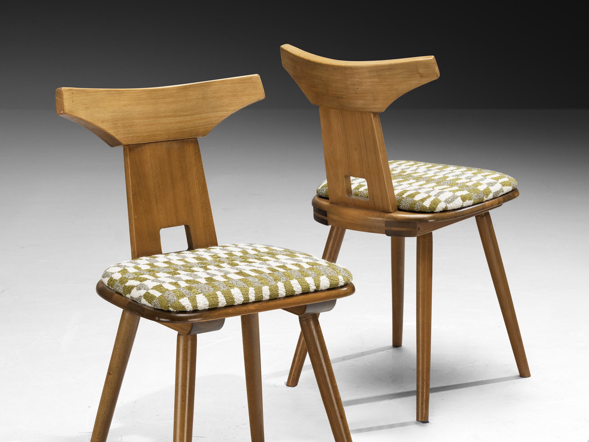 Mid-Century Modern Dining Chairs in Solid Wood with Seats in Patterned Multicolor Fabric For Sale