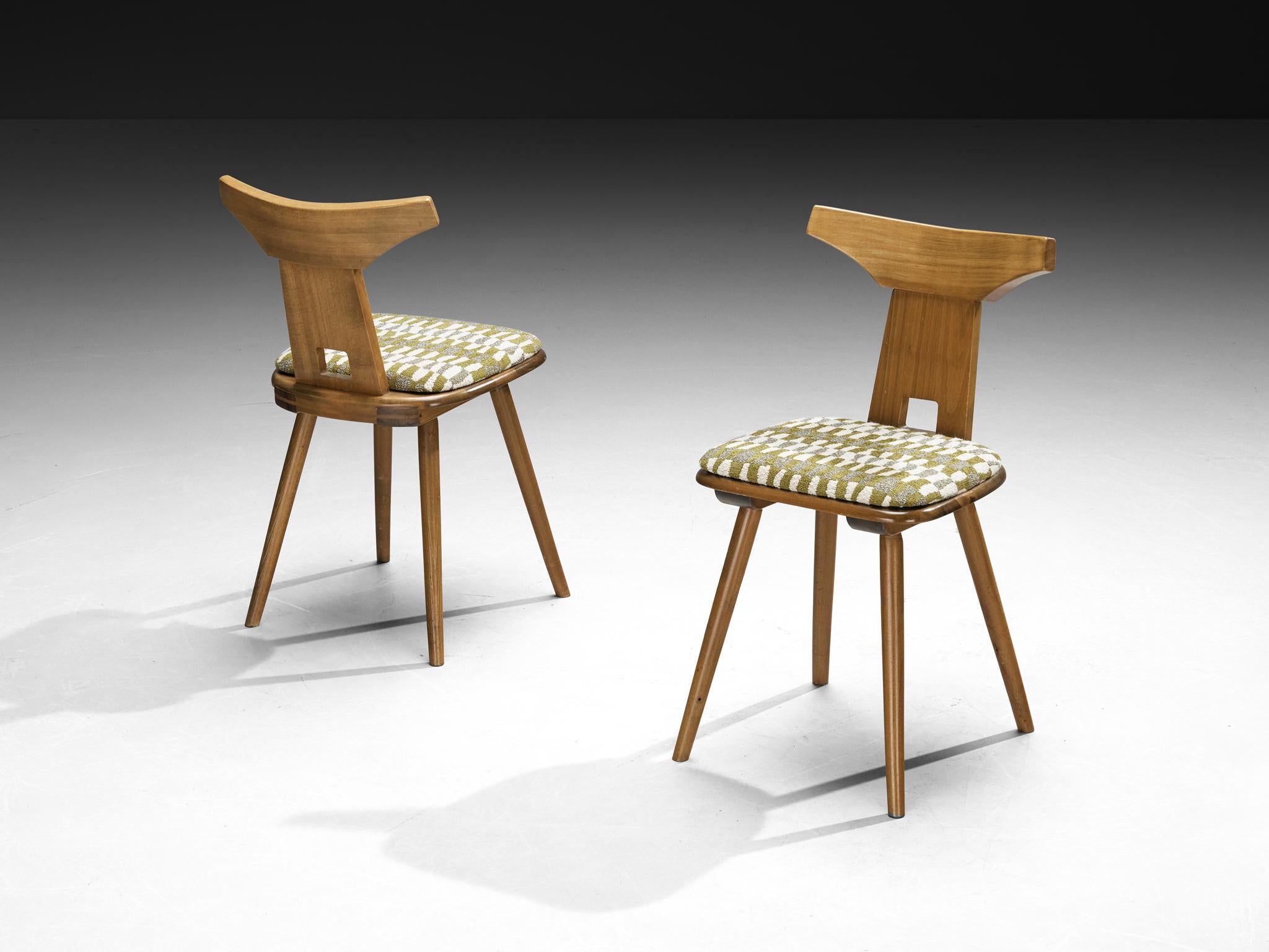 Mid-20th Century Dining Chairs in Solid Wood with Seats in Patterned Multicolor Fabric For Sale