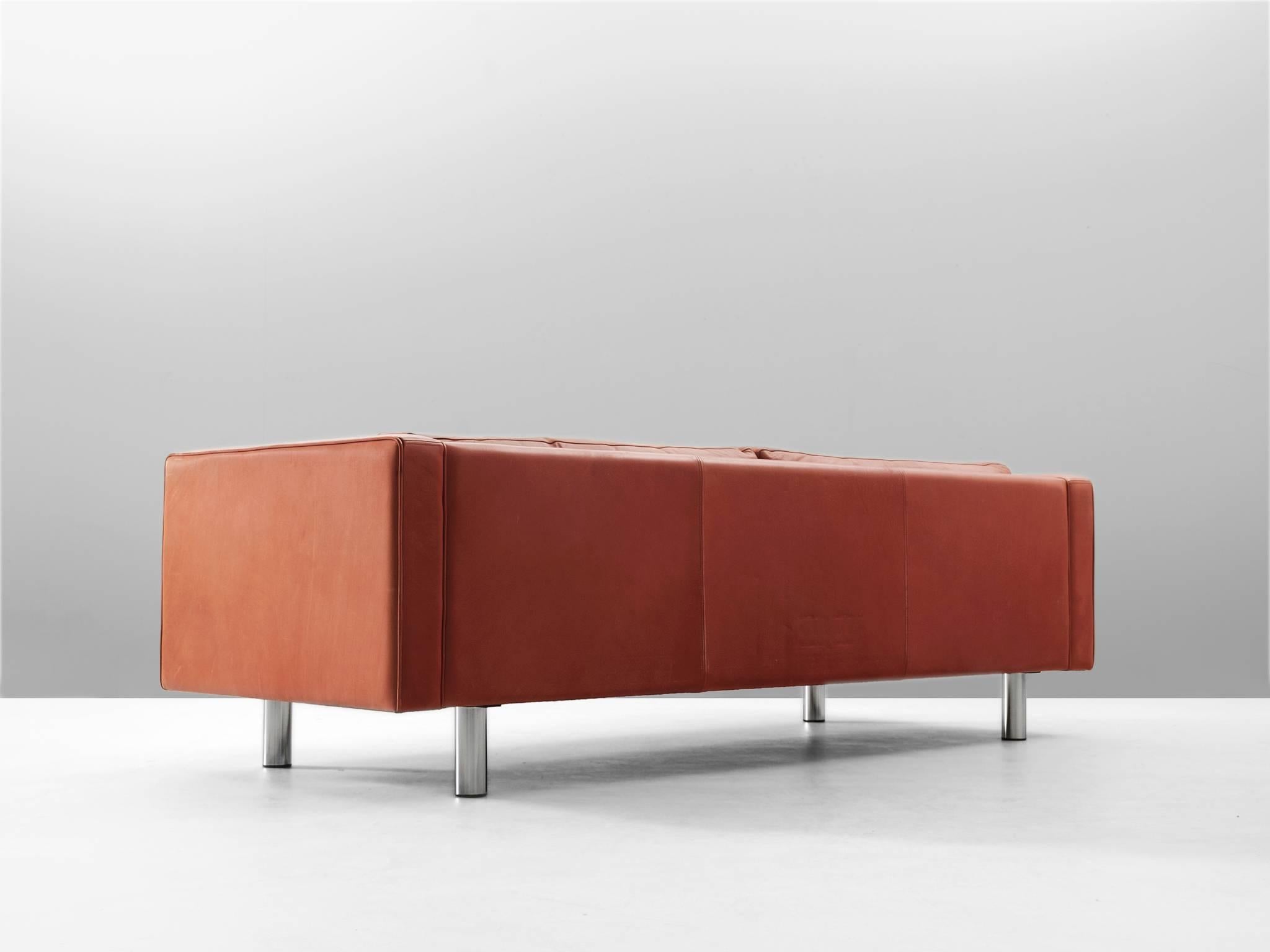Danish Illums Bolighus Patinated Red Leather Sofa