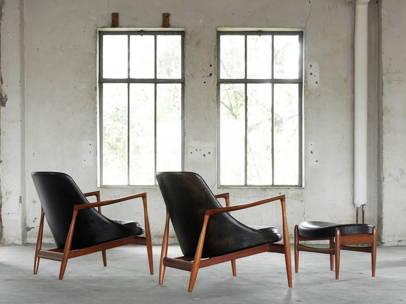 Danish Set of Two Elizabeth Chairs in Patinated Black Leather by Ib Kofod-Larsen