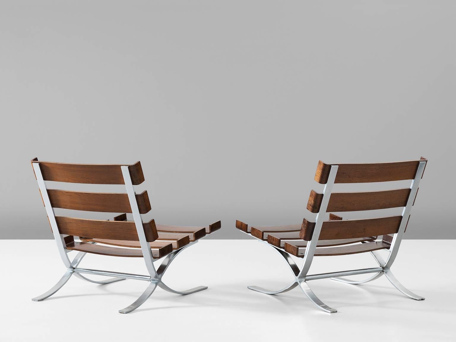 Scandinavian Modern Pair of Easy Chairs in Rosewood and Steel