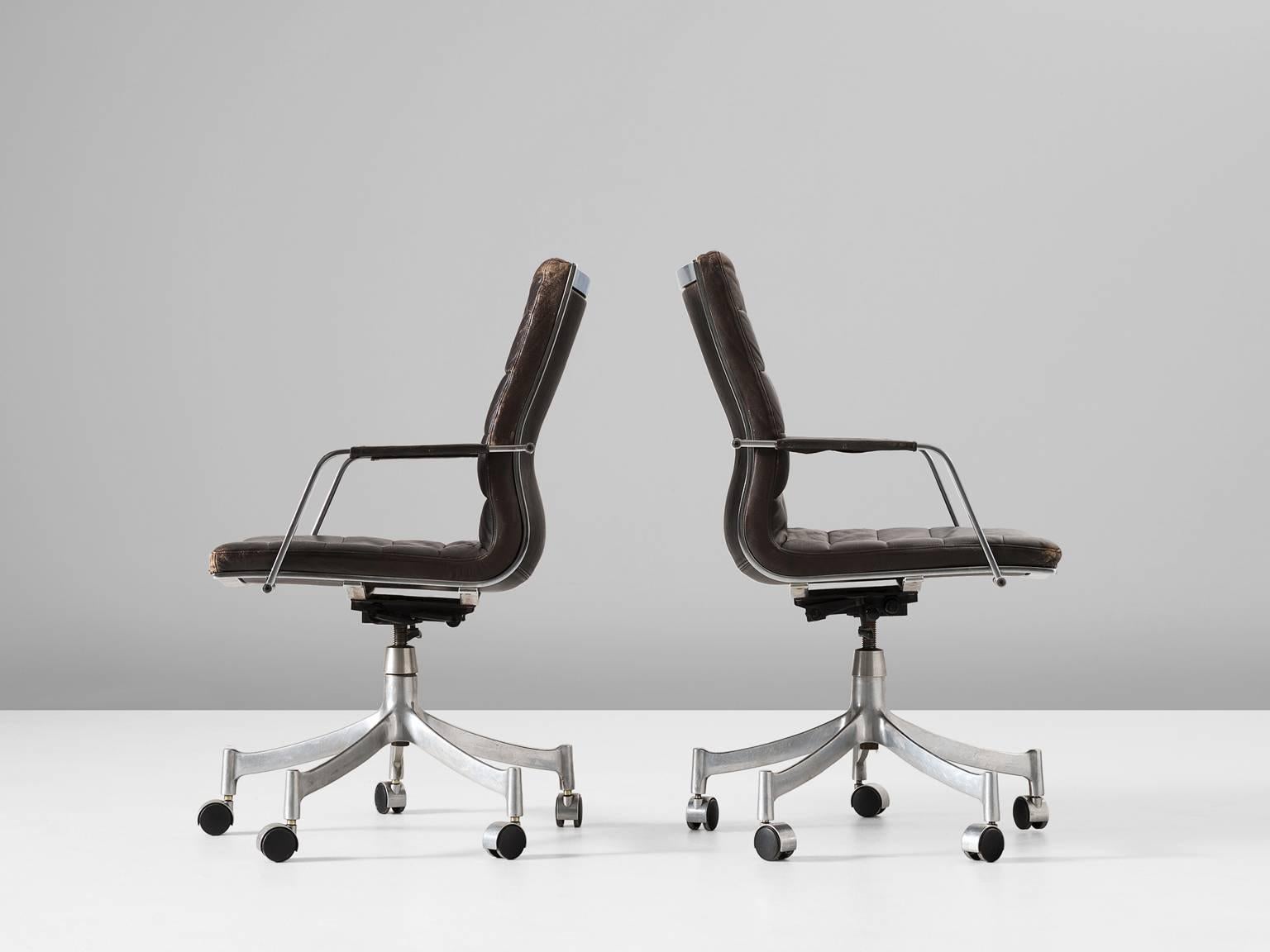 Danish Jørgen Lund & Ole Larsen Set of Five Office Chairs in Dark Brown Leather