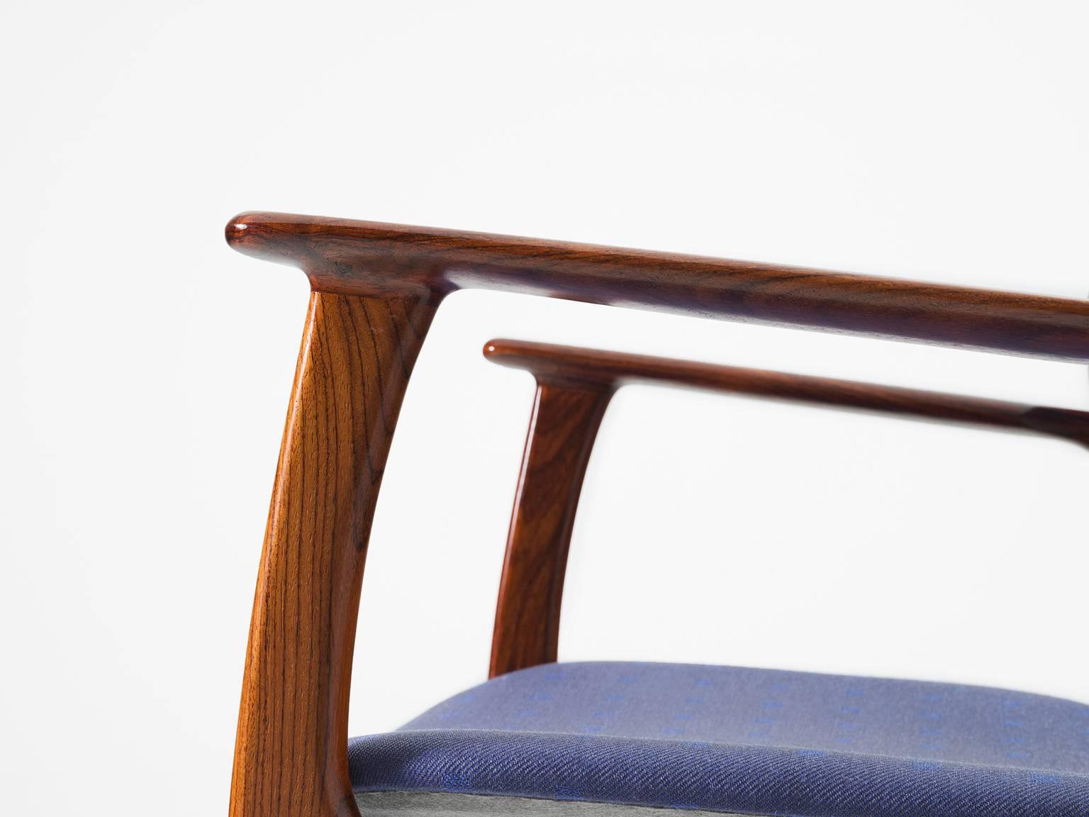 Mid-20th Century Erik Buck Set of Eight Dining Chairs in Rosewood and Blue Fabric Upholstery