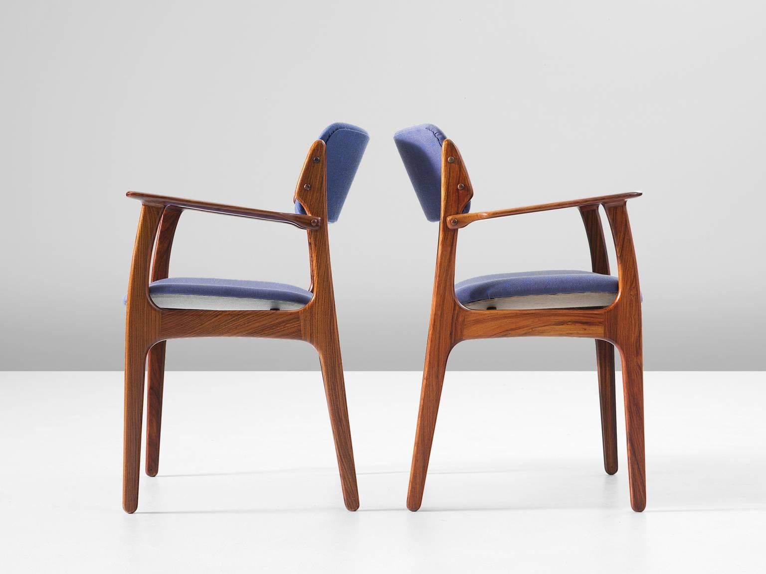 Erik Buck Set of Eight Dining Chairs in Rosewood and Blue Fabric Upholstery In Good Condition In Waalwijk, NL