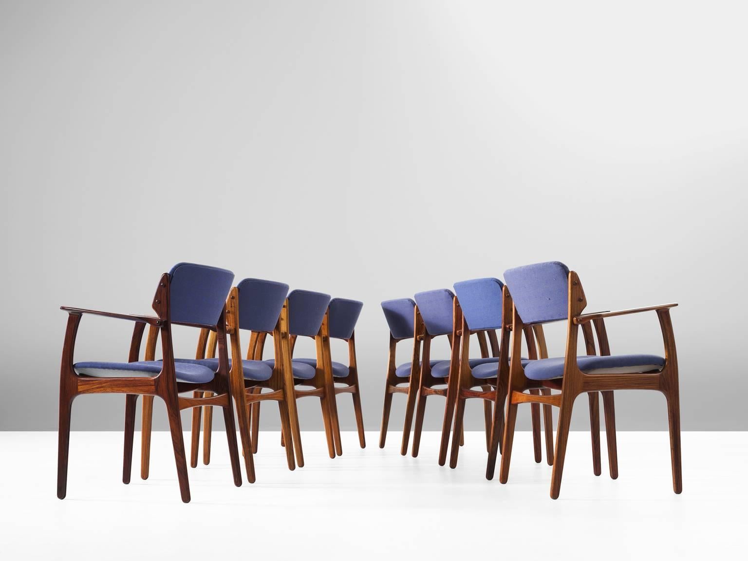 Scandinavian Modern Erik Buck Set of Eight Dining Chairs in Rosewood and Blue Fabric Upholstery