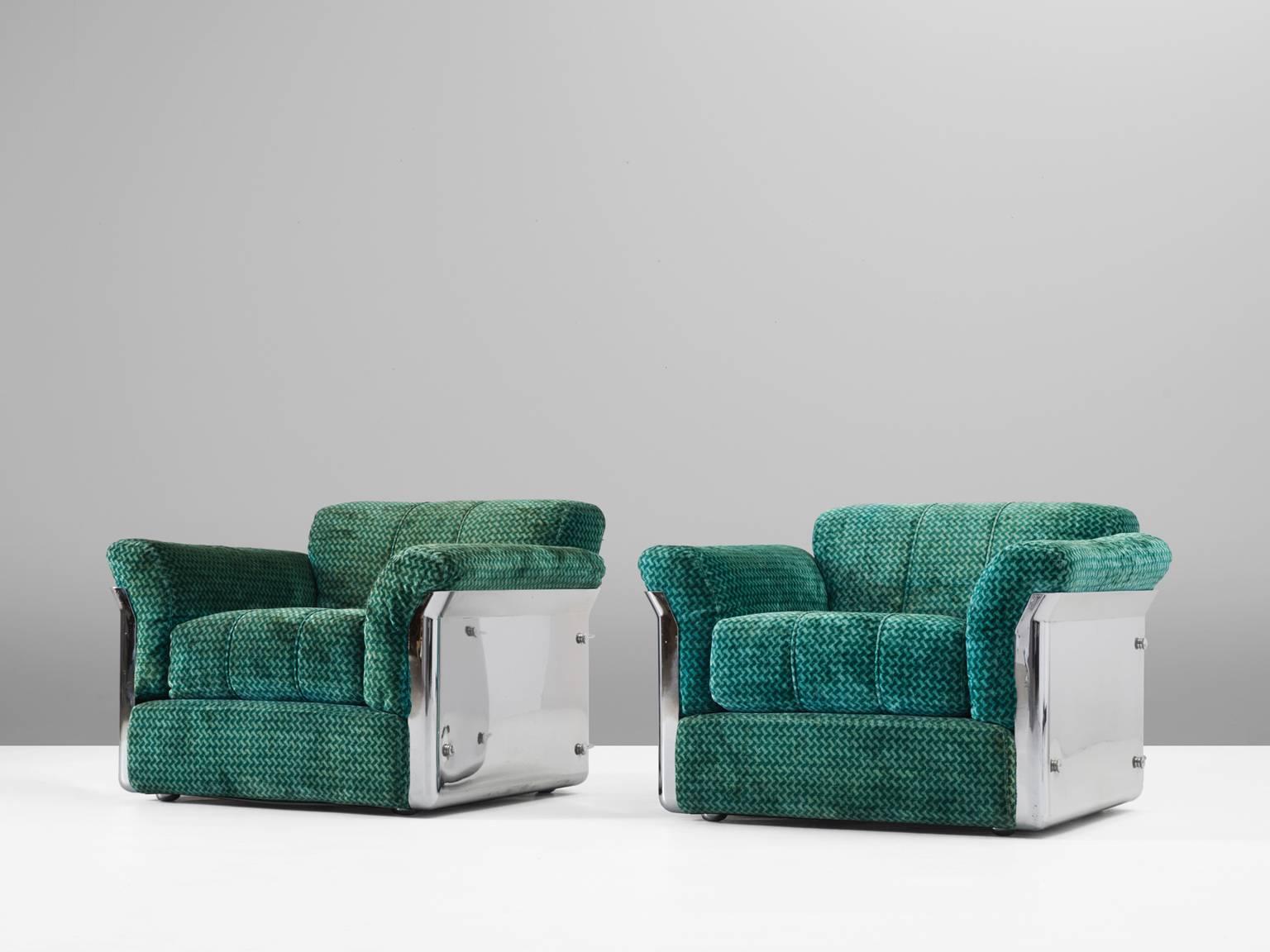 Pair of lounge chairs, in fabric and chrome, by Vittorio Introini for Saporiti, Italy 1969 

Rare set of two lounge chairs by Saporiti in chrome and colorful turquoise upholstery. Absolutely stunning mirrored lounge chairs. The frame consist of