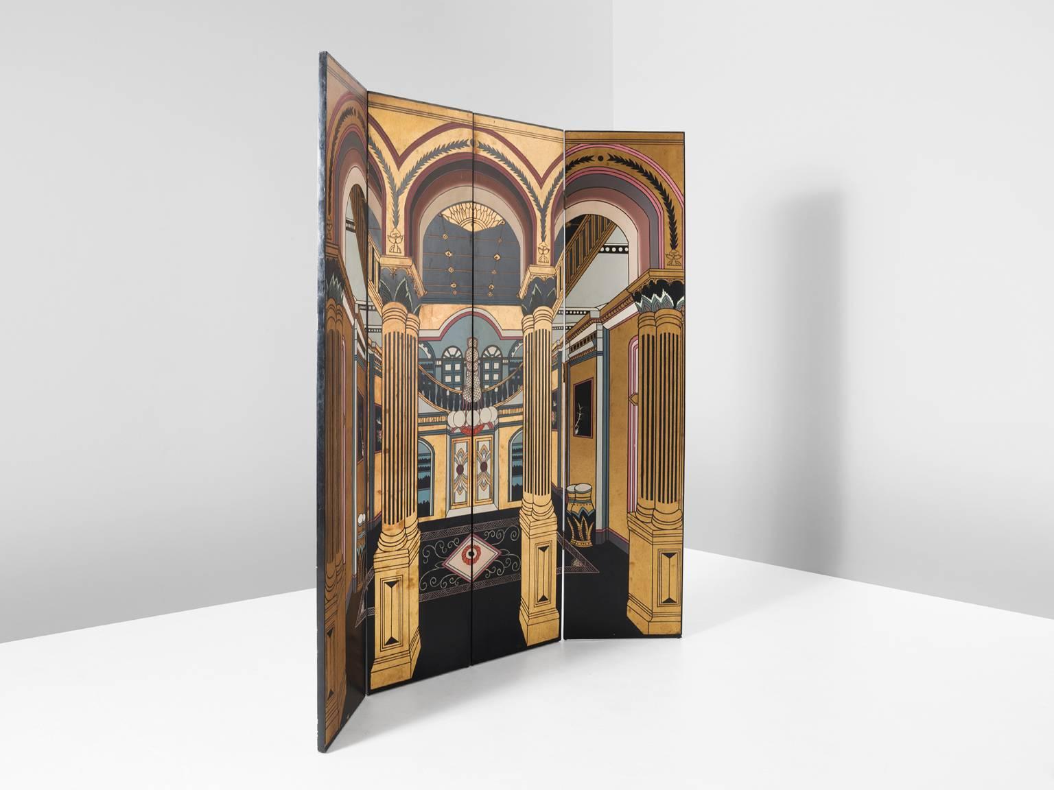 Art Deco Folding Screen with Gold Leaf and Architectural Illustration