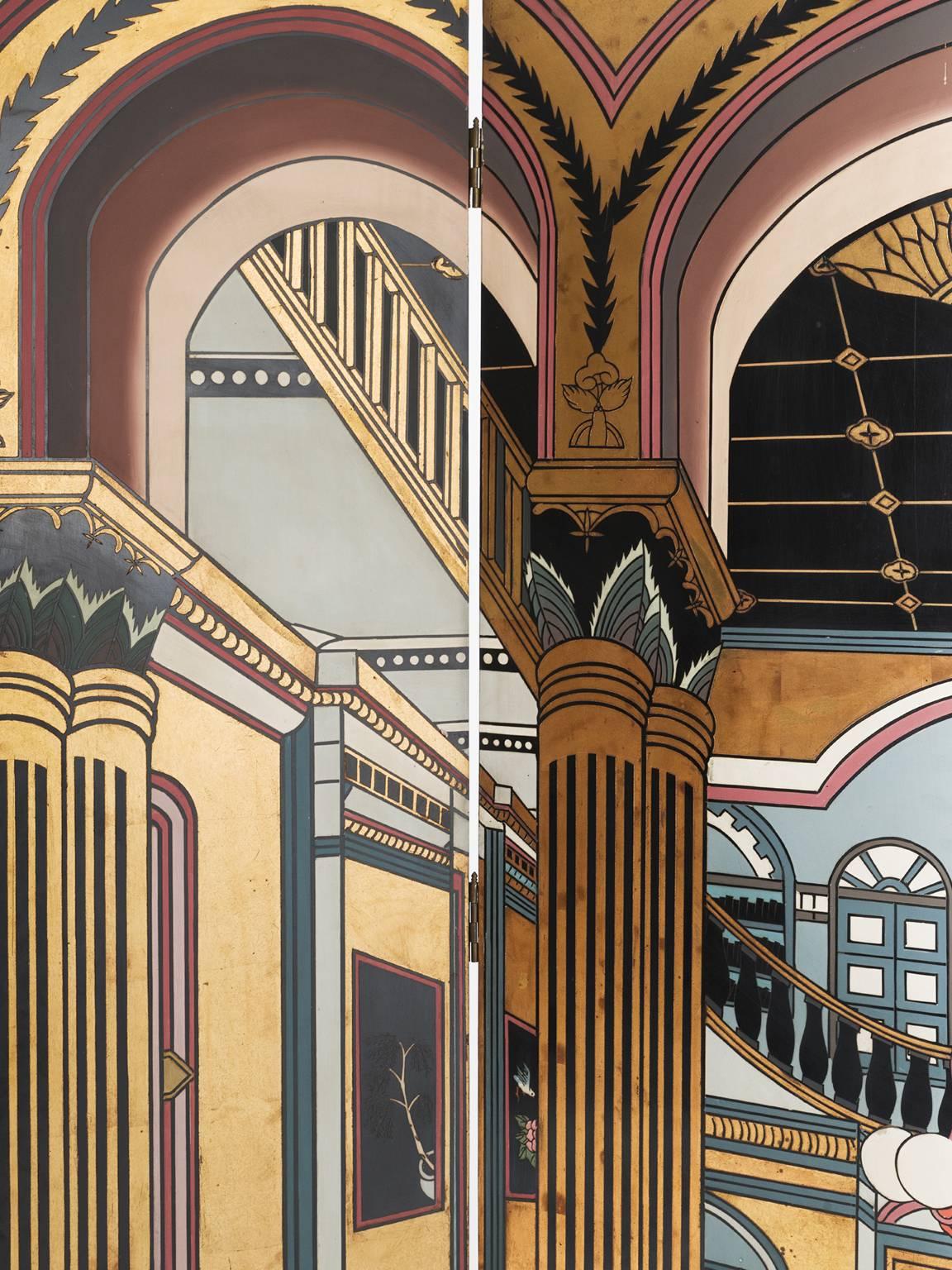 Mid-20th Century Folding Screen with Gold Leaf and Architectural Illustration