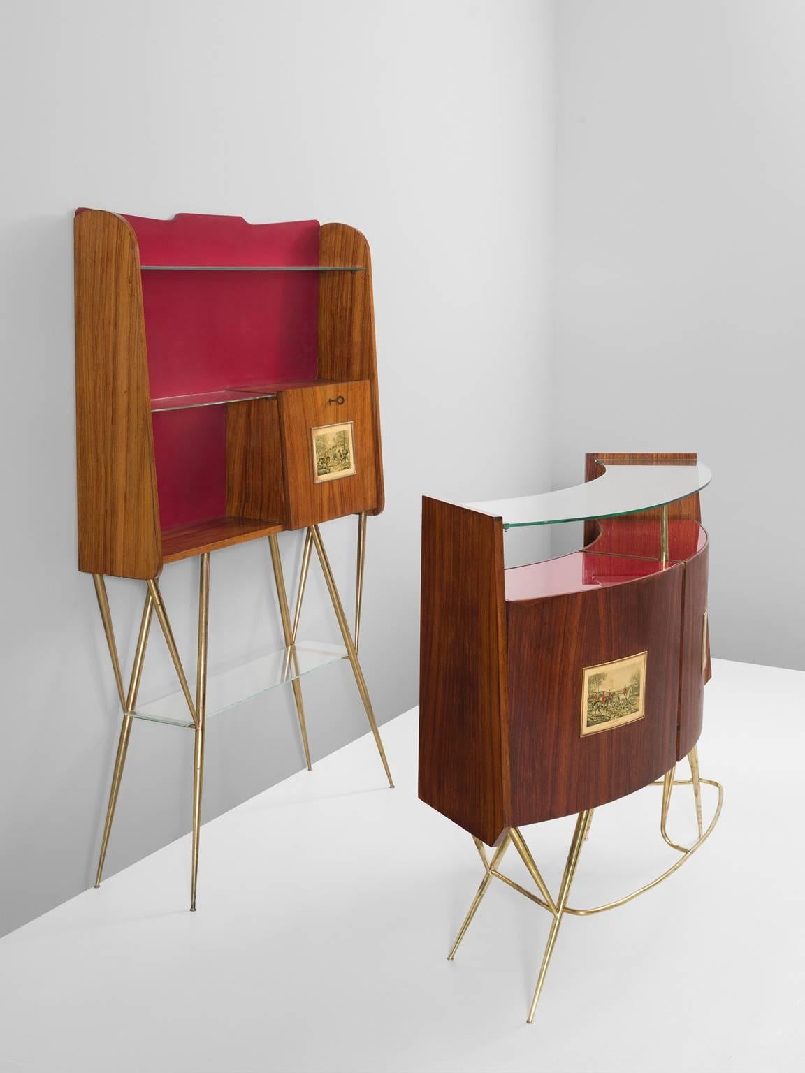 Mid-Century Modern Italian Dry Bar in Rosewood, Brass and Glass